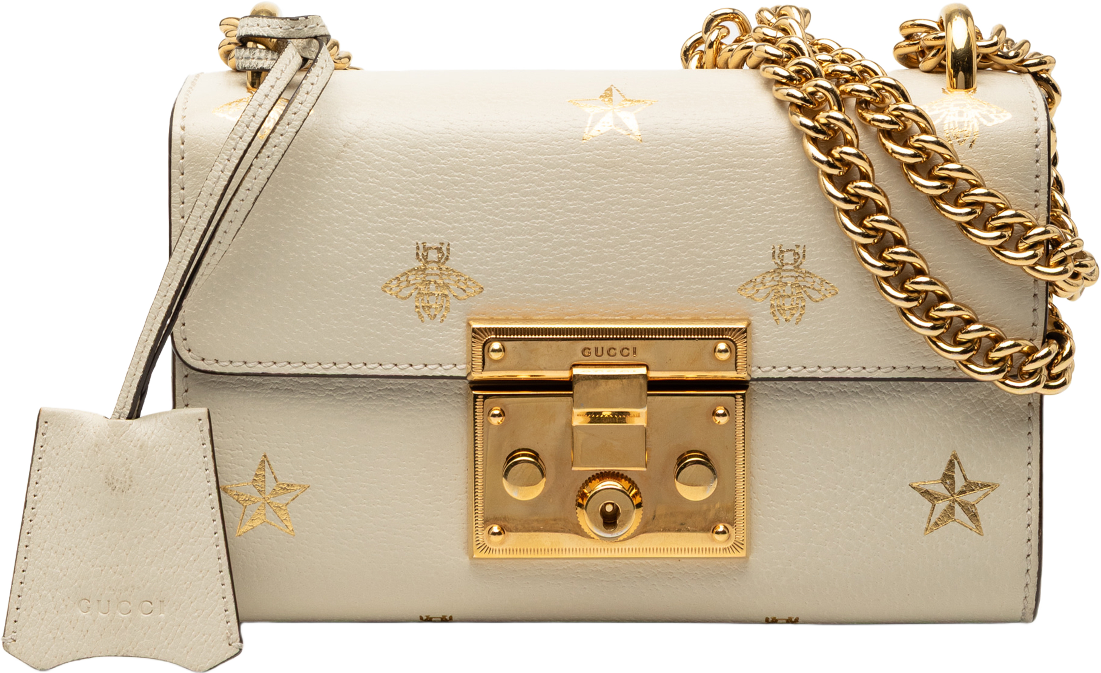 Gucci Small Leather Bee Star Padlock Crossbody, från Luxclusif, i färgen white. Klicka för att öppna bilden i stort format