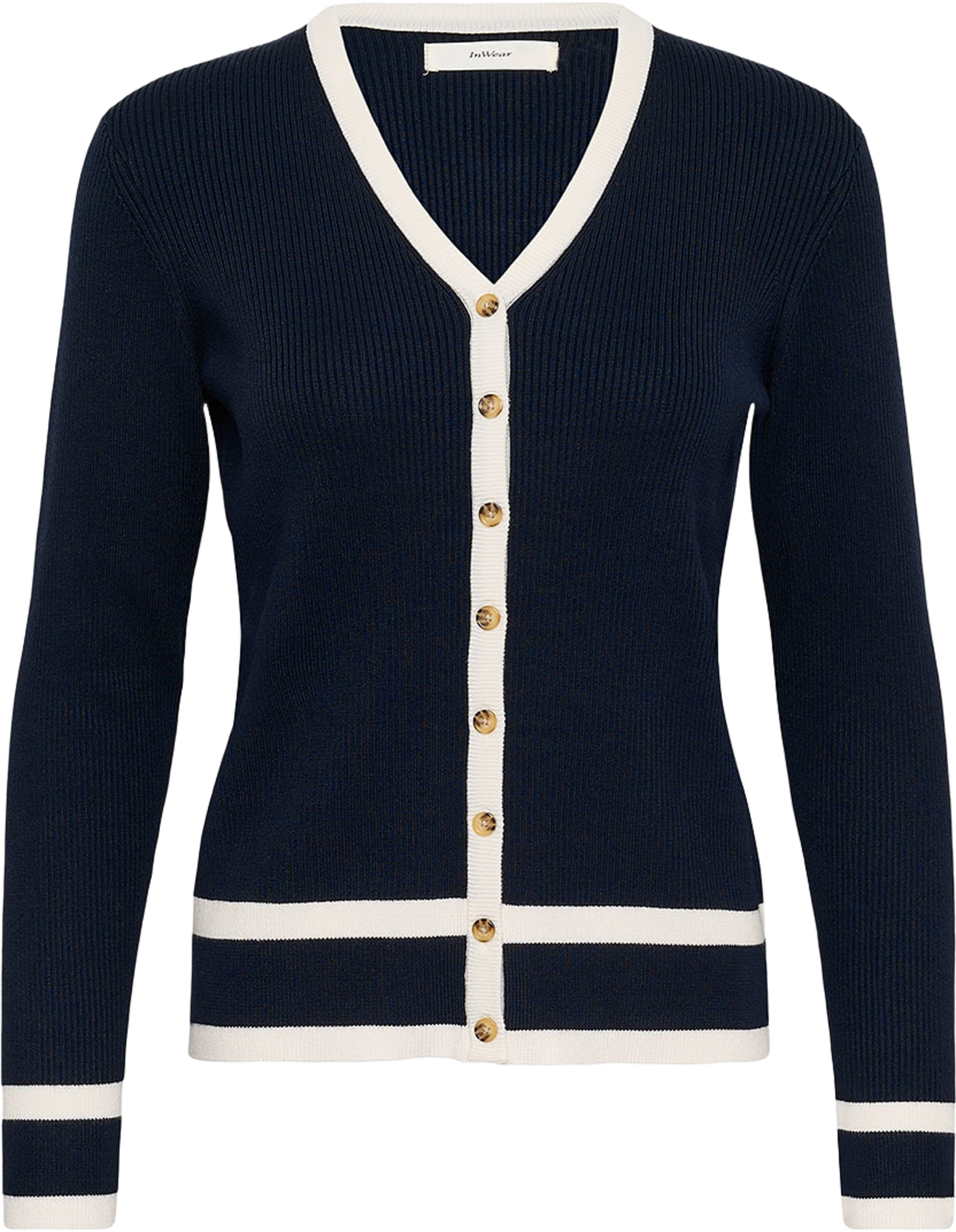 LeenahIW Cardigan; InWear Cardigan, från Inwear, i färgen Marine/Vanilla. Klicka för att öppna bilden i stort format
