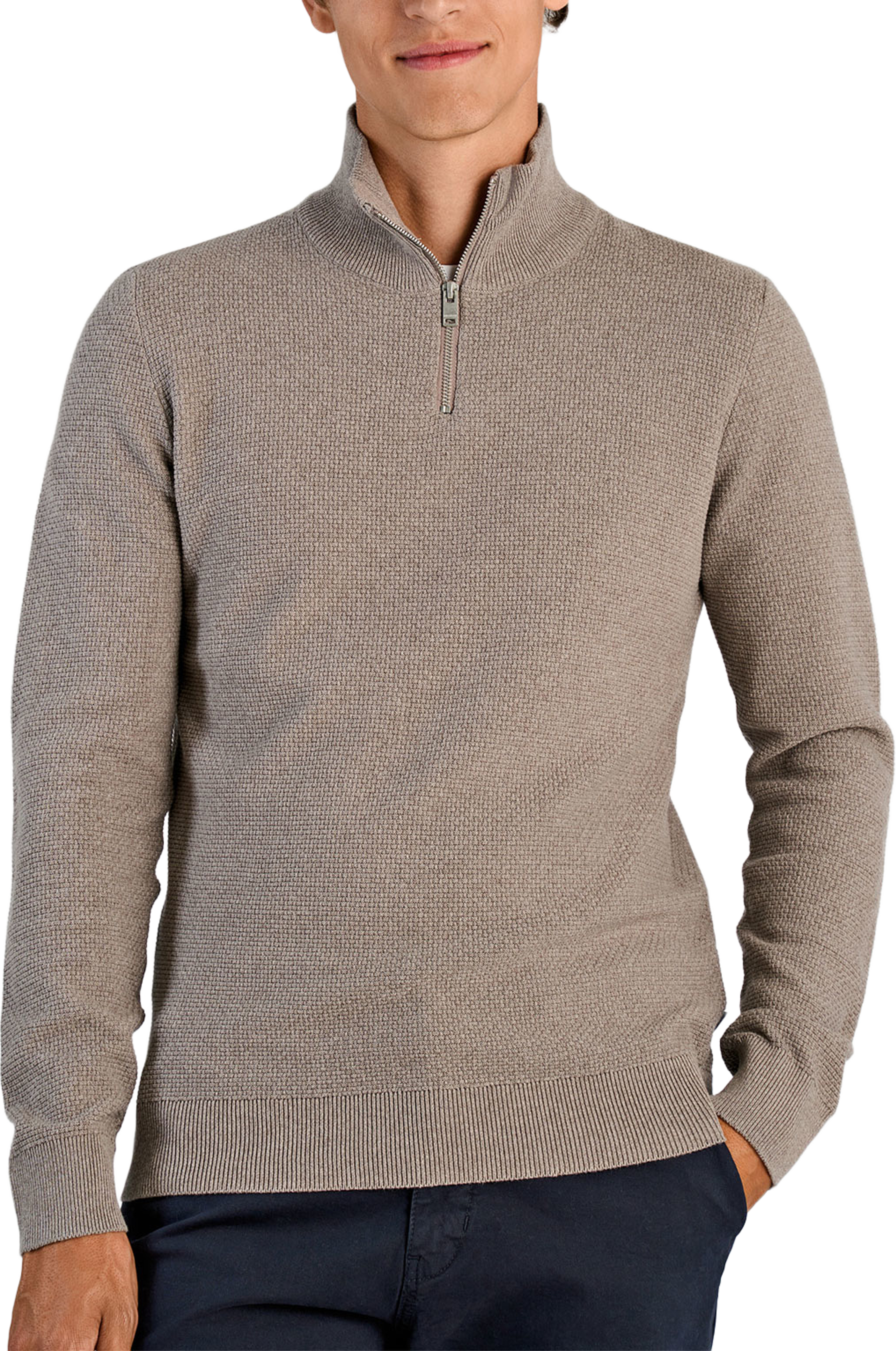 Lindbergh Recycle structure half zip Knit, från Lindbergh, i färgen Dk Sand. Klicka för att öppna bilden i stort format