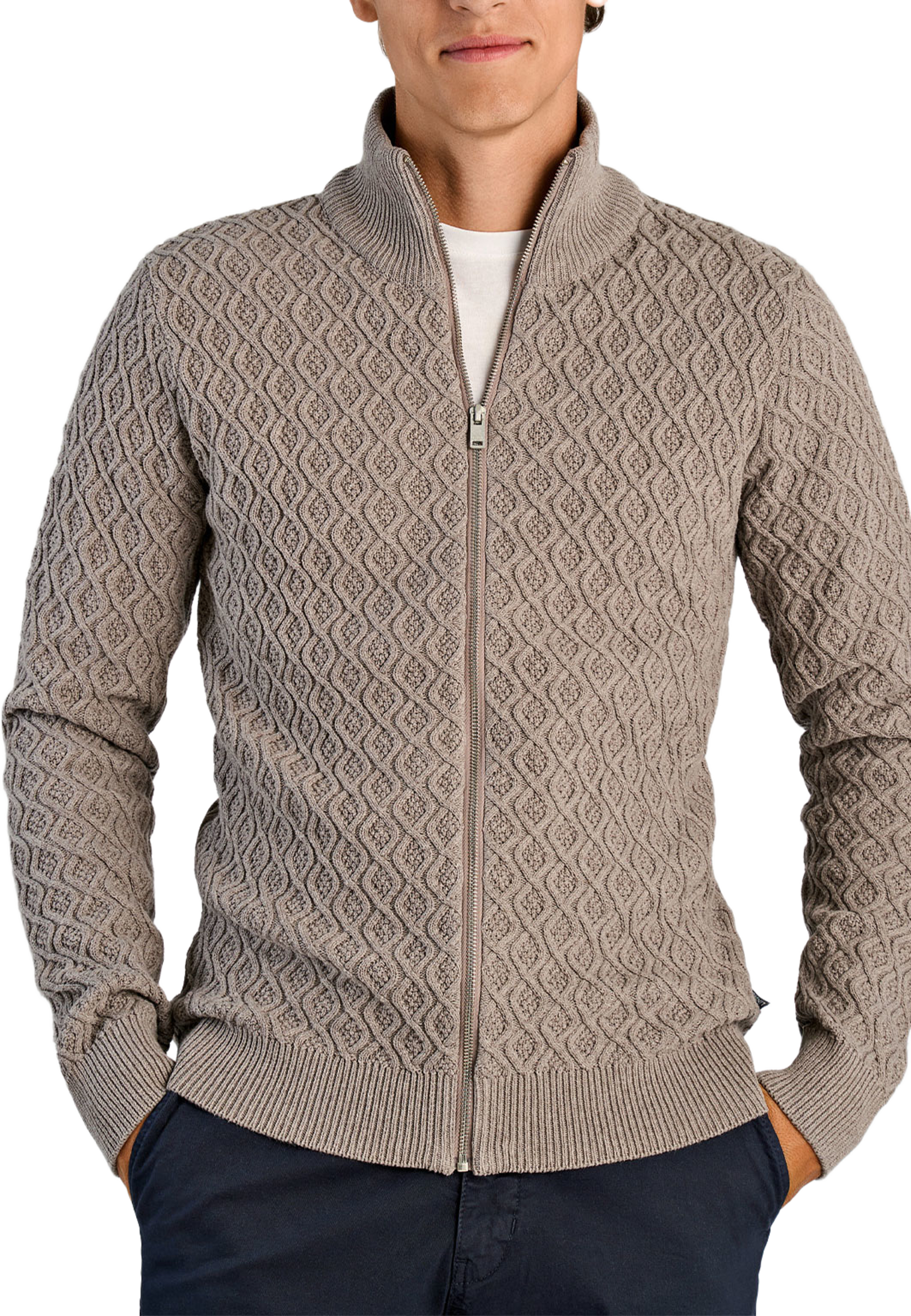 Lindbergh Recycle structure full zip Knit, från Lindbergh, i färgen Dk Sand. Klicka för att öppna bilden i stort format