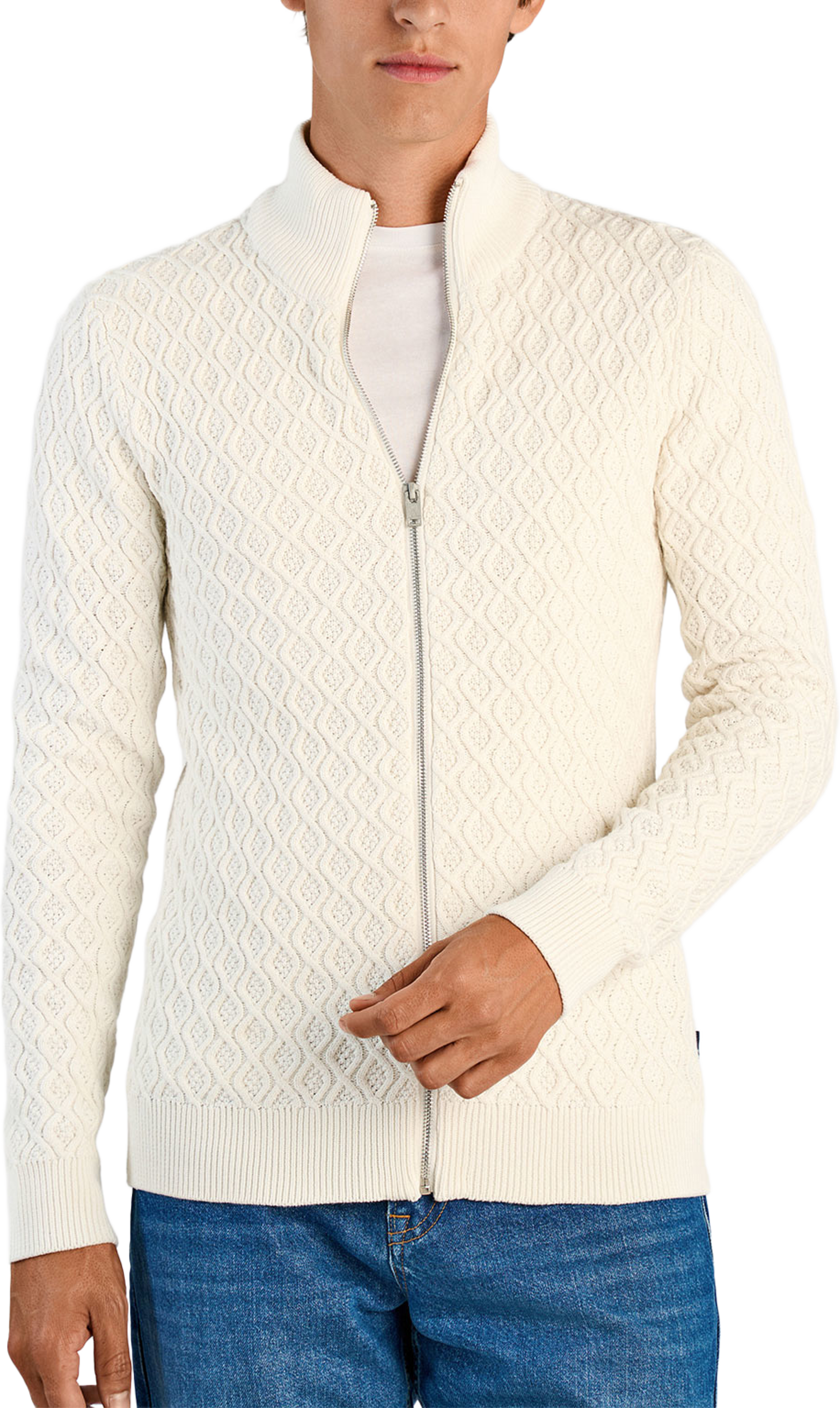 Lindbergh Recycle structure full zip Knit, från Lindbergh, i färgen Off White. Klicka för att öppna bilden i stort format