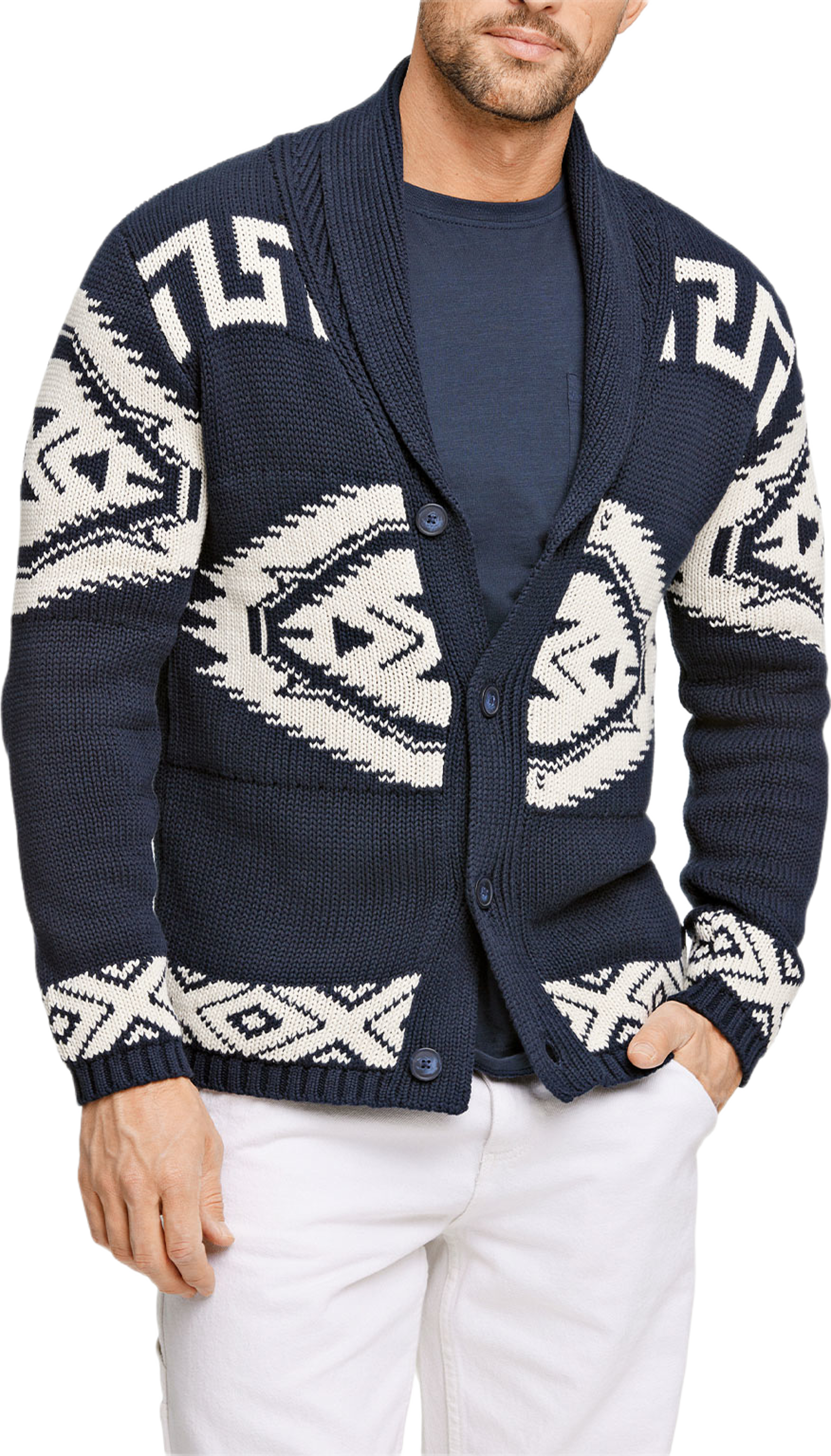 Lindbergh Shawl collar intarsia cardigan Knit, från Lindbergh, i färgen Navy. Klicka för att öppna bilden i stort format