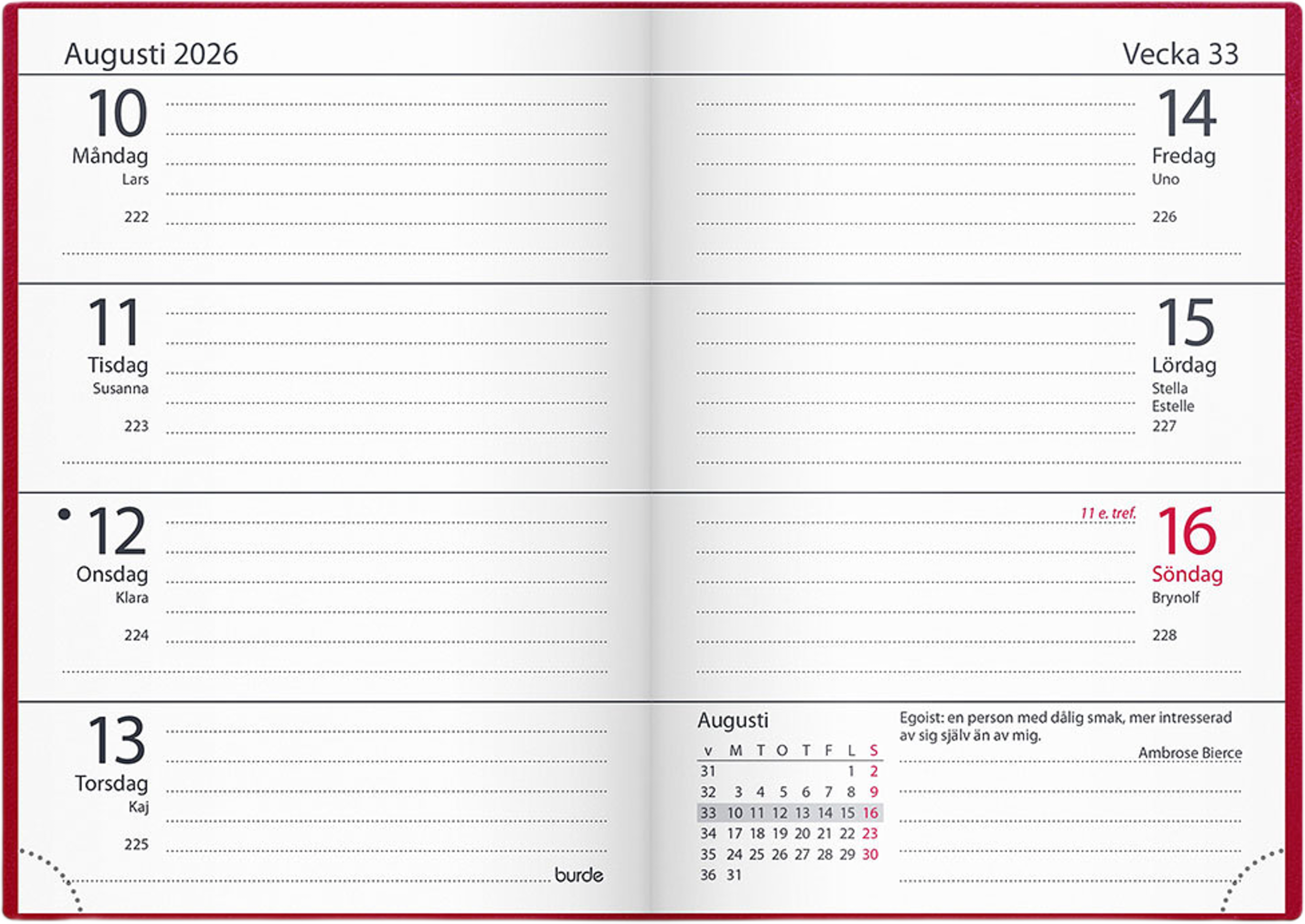 Kalender 2026 Lilla Fickdagboken rött konstläder, från Burde, i färgen Red. Klicka för att öppna bilden i stort format
