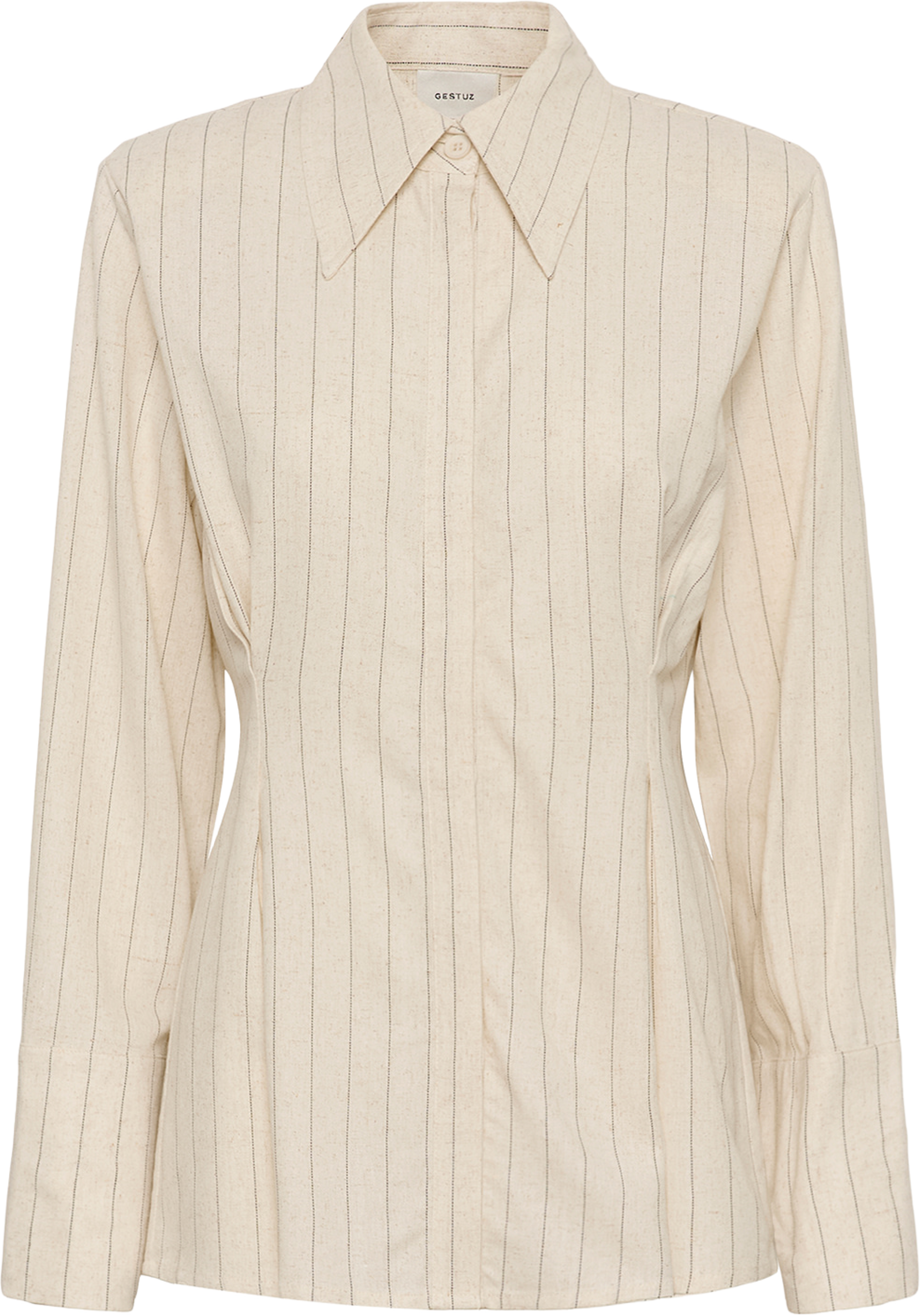 Tascha Shirt, från Gestuz, i färgen Frozen Dew Pinstripe. Klicka för att öppna bilden i stort format