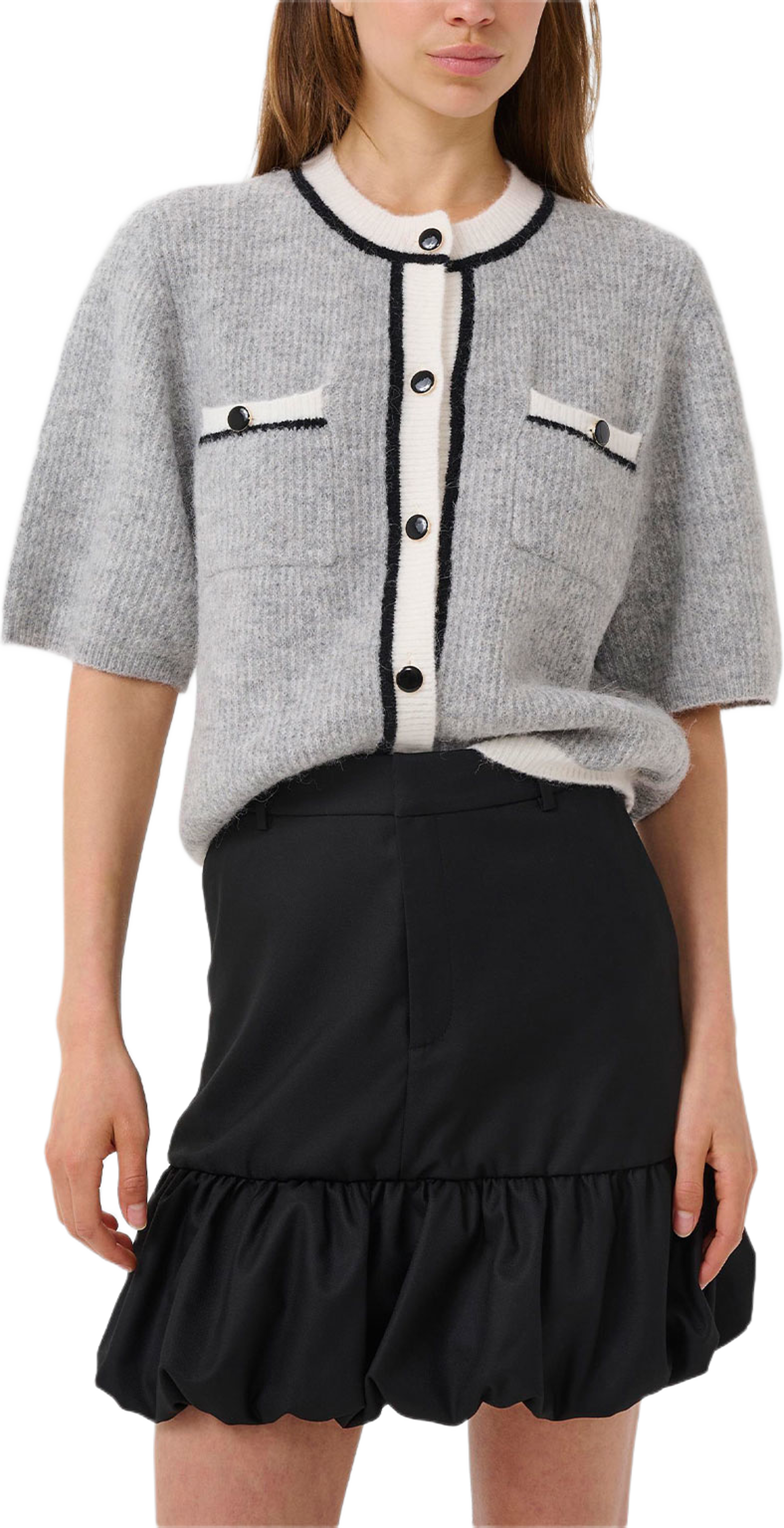 Alpha Contrast Cardigan, från Gestuz, i färgen Light Grey Melange. Klicka för att öppna bilden i stort format