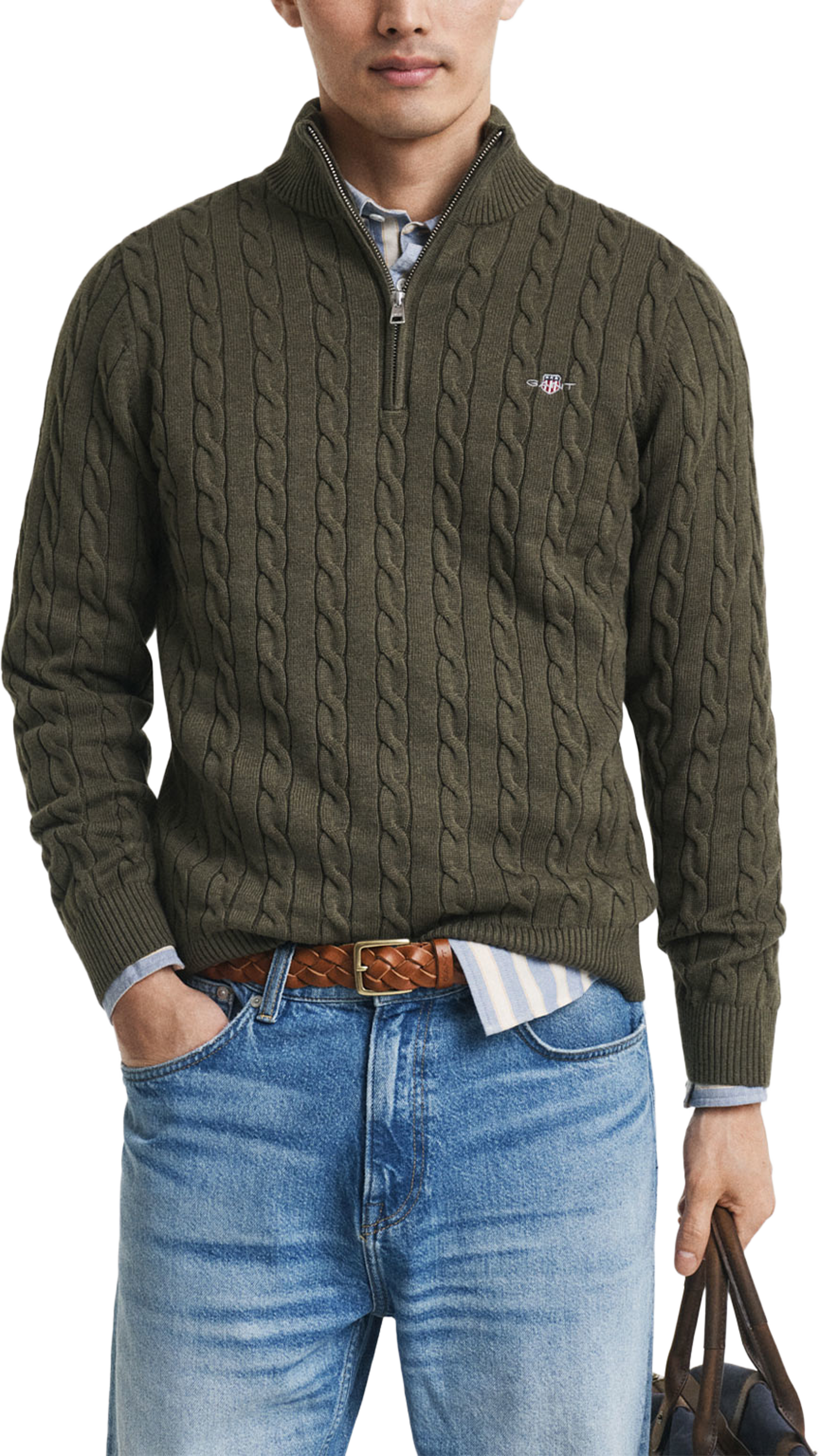 Cotton Cable Half Zip, från GANT, i färgen Khaki Green Mel. Klicka för att öppna bilden i stort format