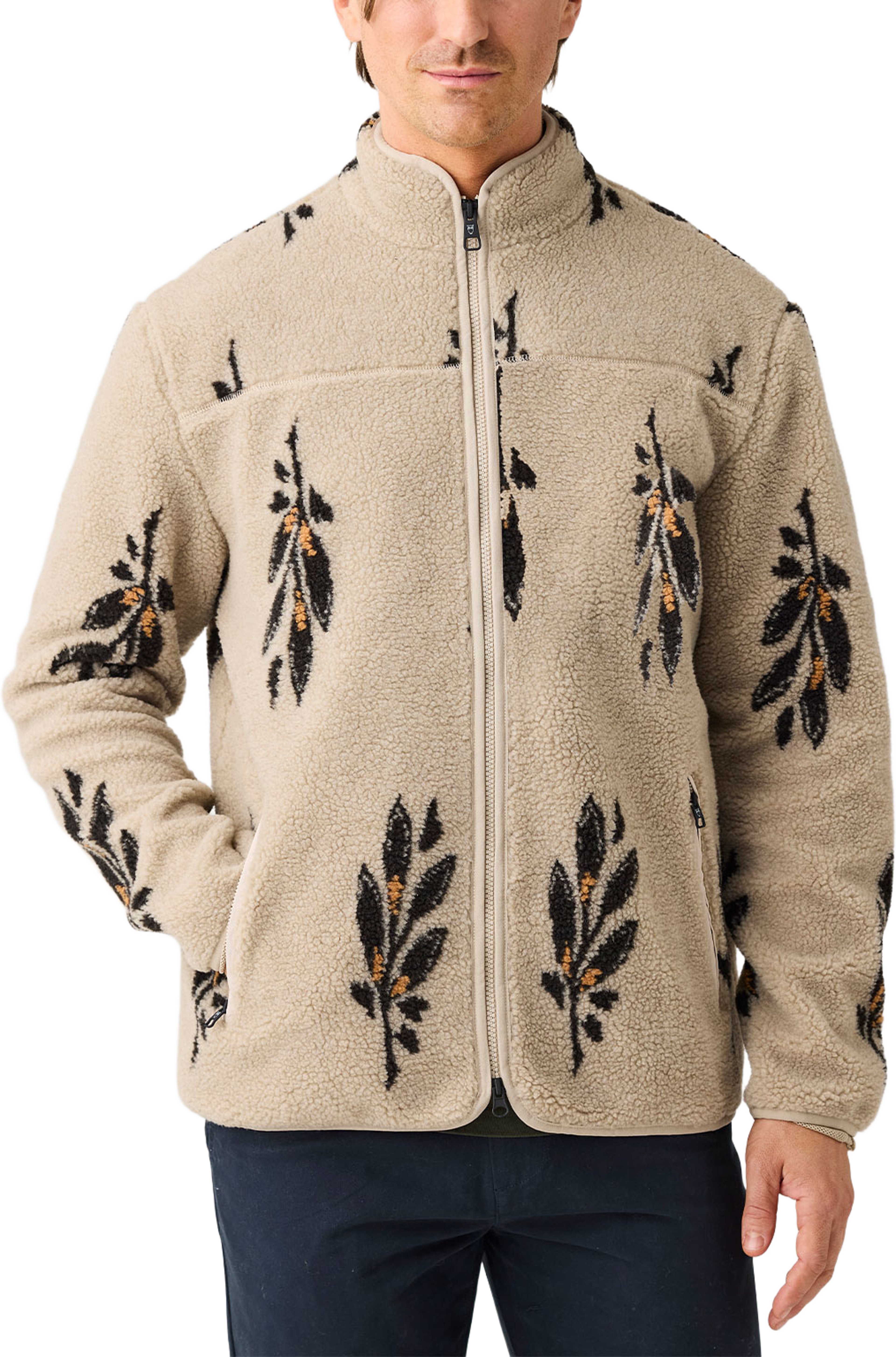 SOS Loose Fit AOP Zip Fleece - GRS/Vegan, från Knowledge Cotton Apparel, i färgen Beige. Klicka för att öppna bilden i stort format