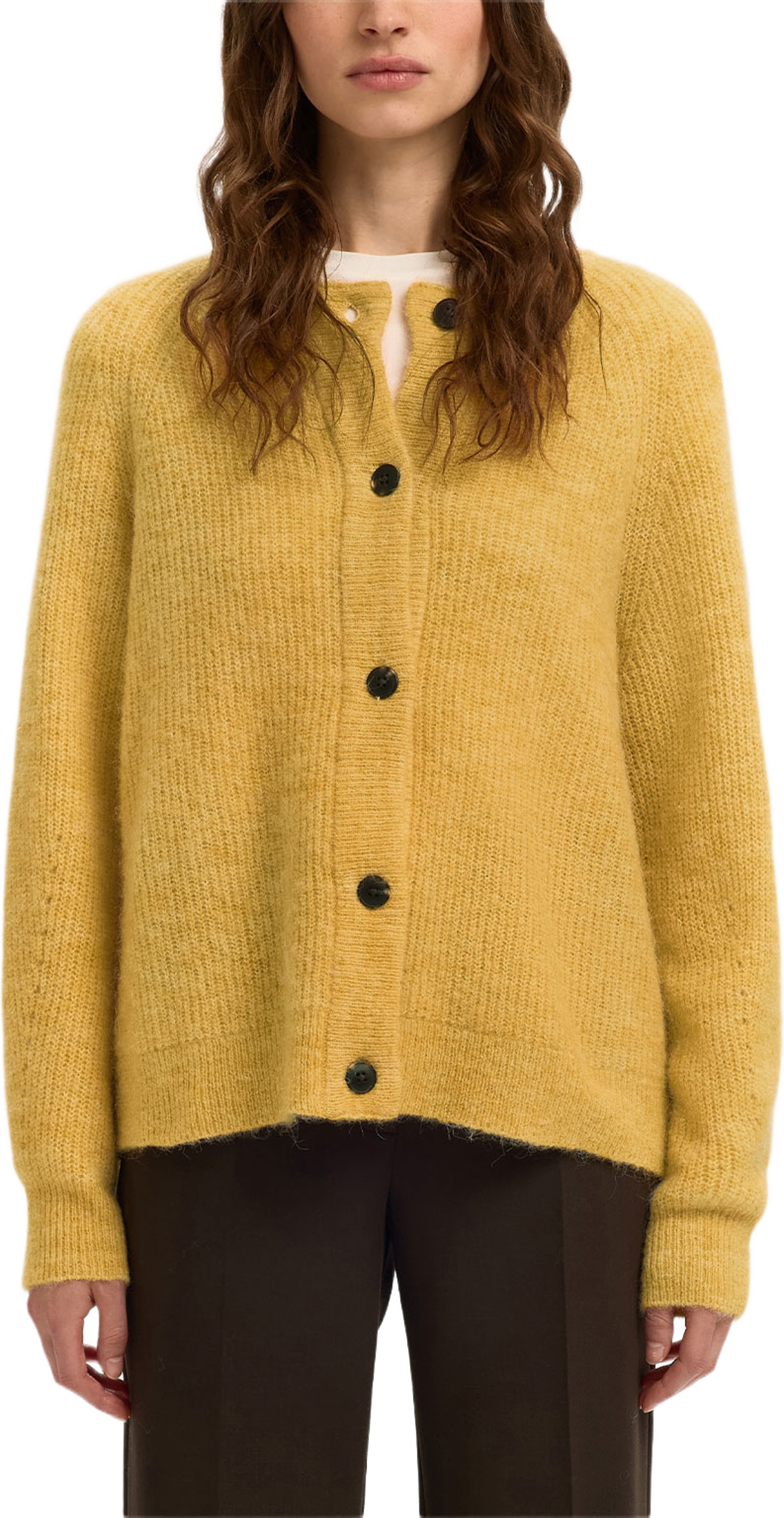 Lulu Ls Knit Short Cardigan, från Selected Femme, i färgen Ochre Melange. Klicka för att öppna bilden i stort format