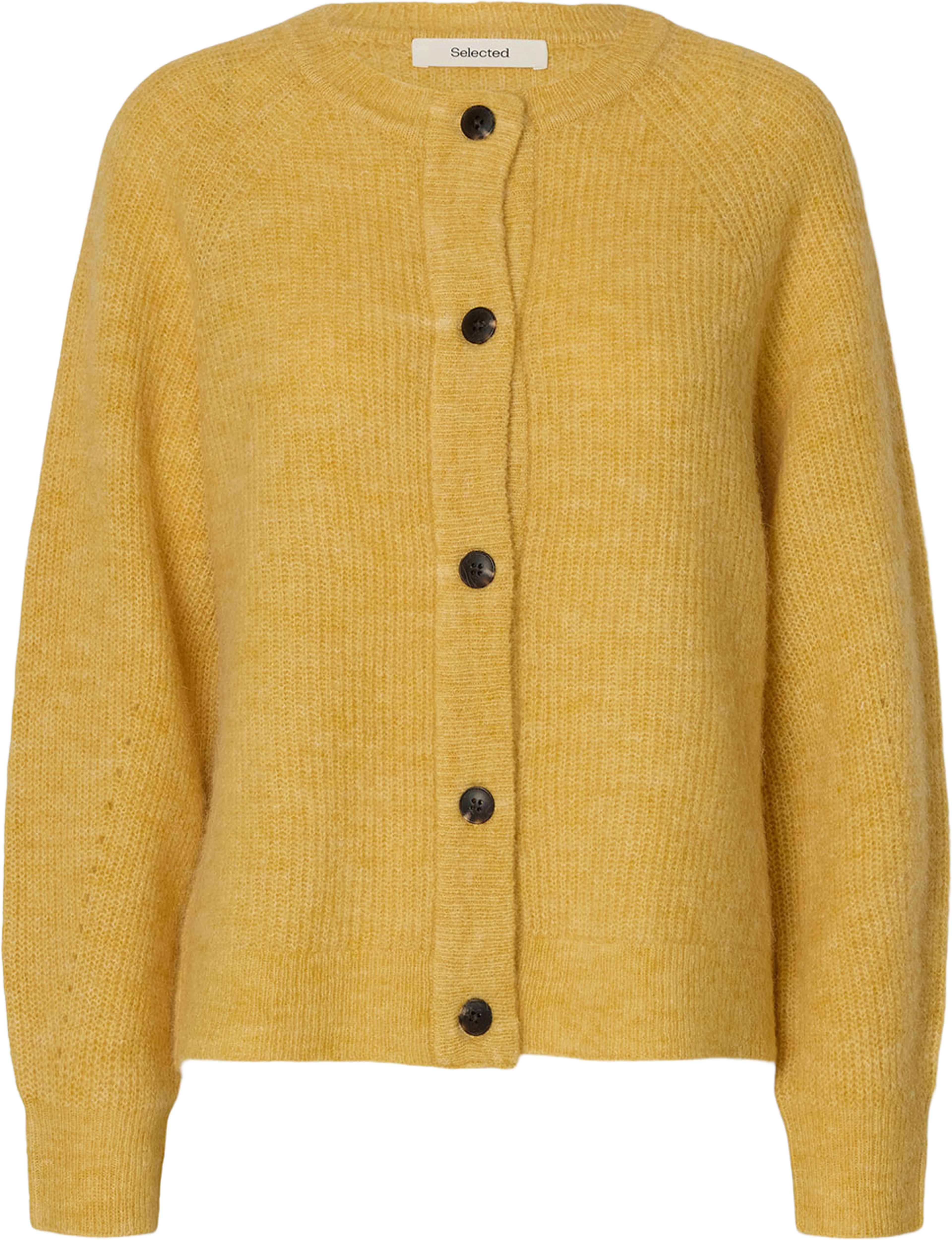 Lulu Ls Knit Short Cardigan, från Selected Femme, i färgen Ochre Melange. Klicka för att öppna bilden i stort format