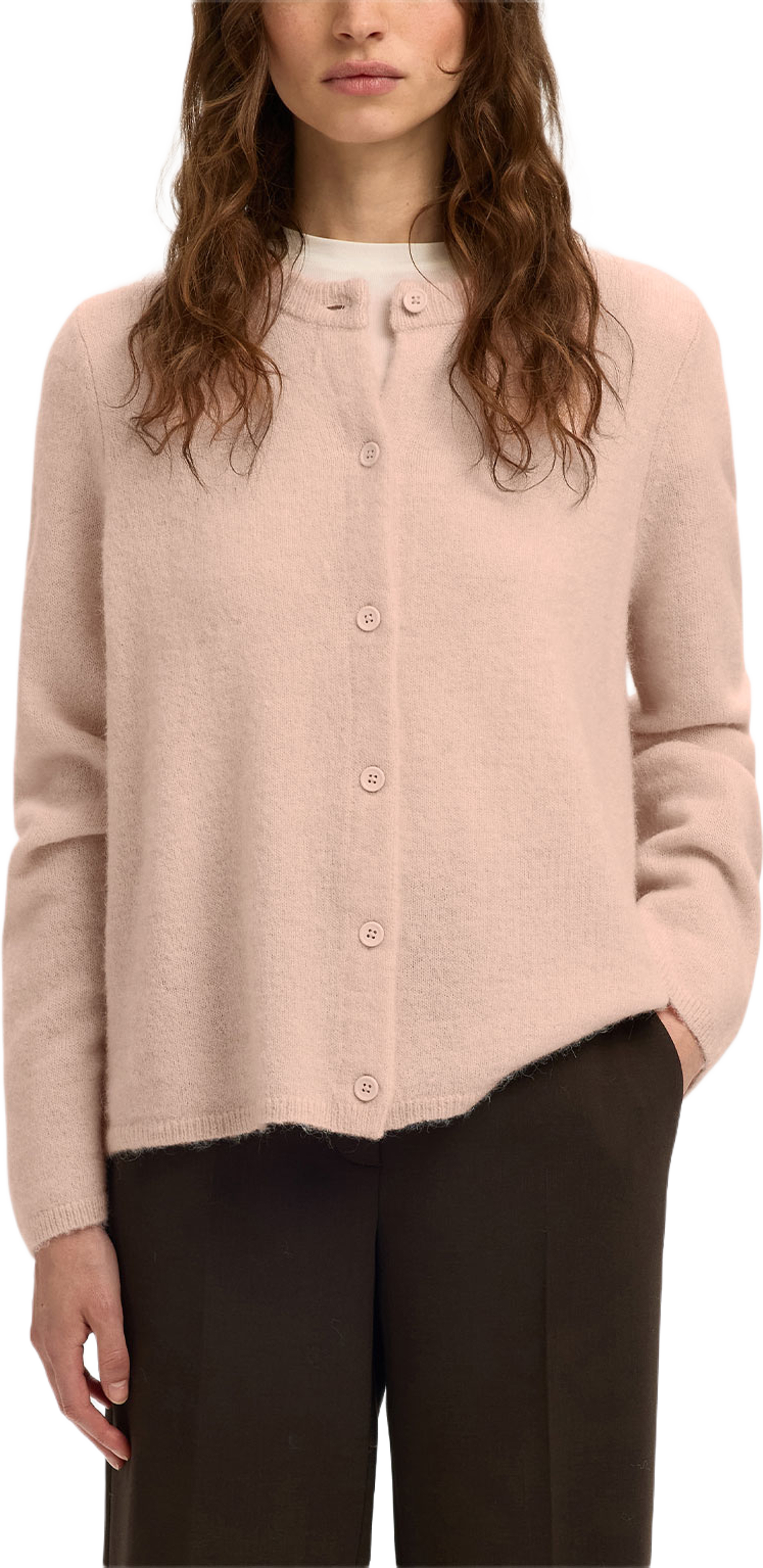 SLFLULU Long sleeve Knit Cardigan, från Selected Femme, i färgen Pale Dogwood Melange. Klicka för att öppna bilden i stort format