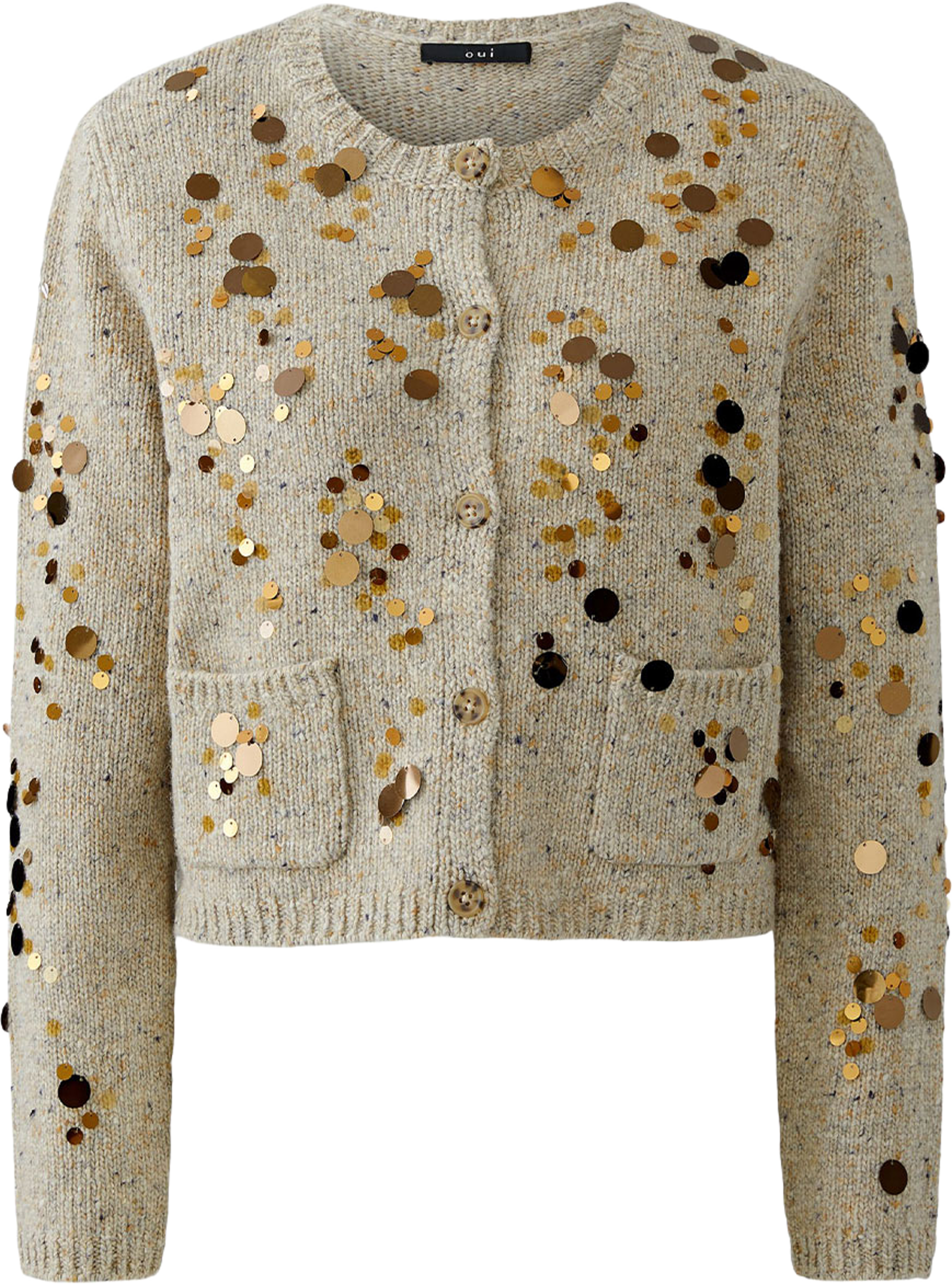 Stickad cardigan, från Oui, i färgen Offwhite Camel. Klicka för att öppna bilden i stort format