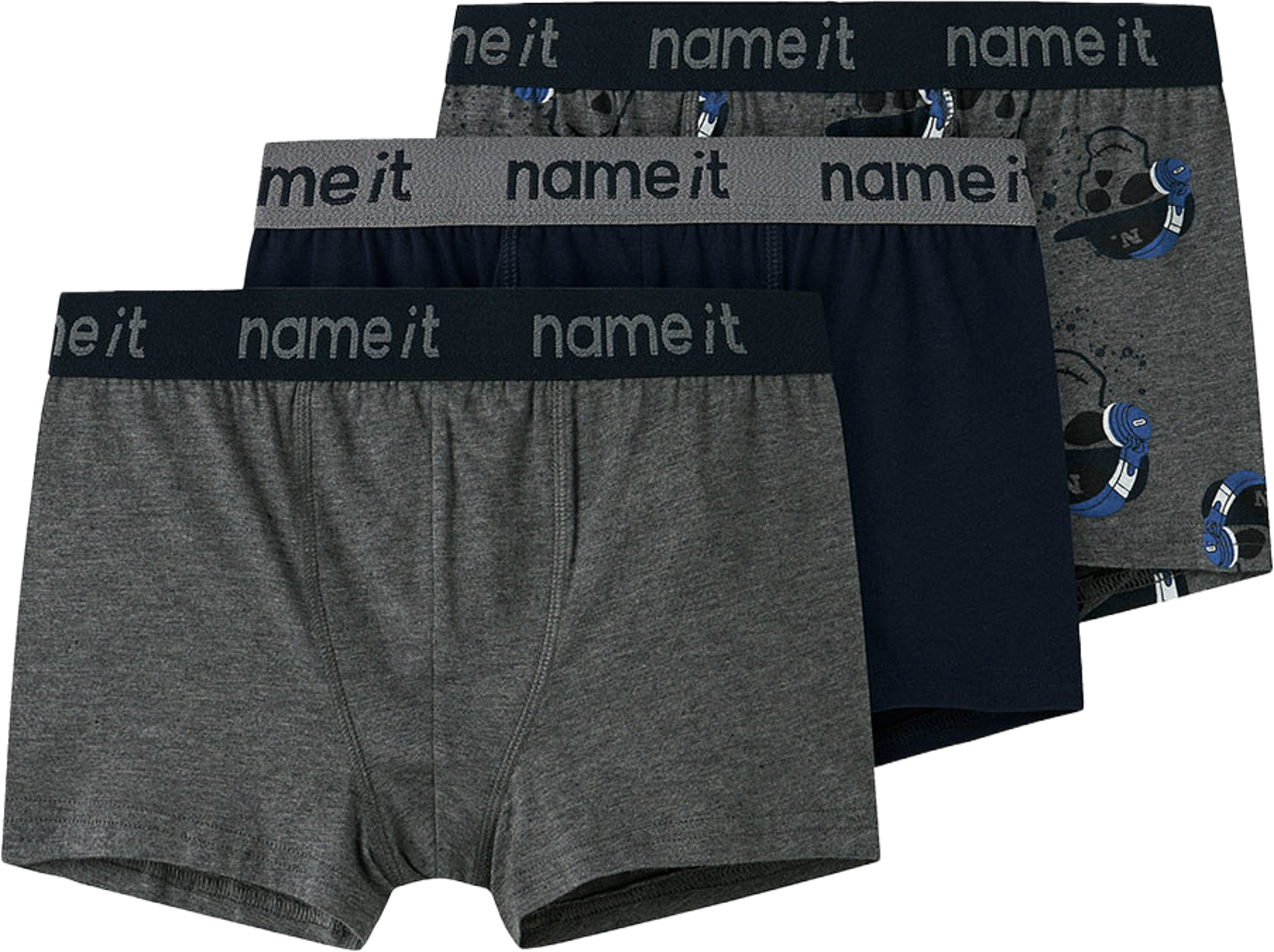 Boxers, 3-pack, från Name It, i färgen Dark Grey Melange W/ Dark Grey Melange + Dark Sapphir. Klicka för att öppna bilden i stort format