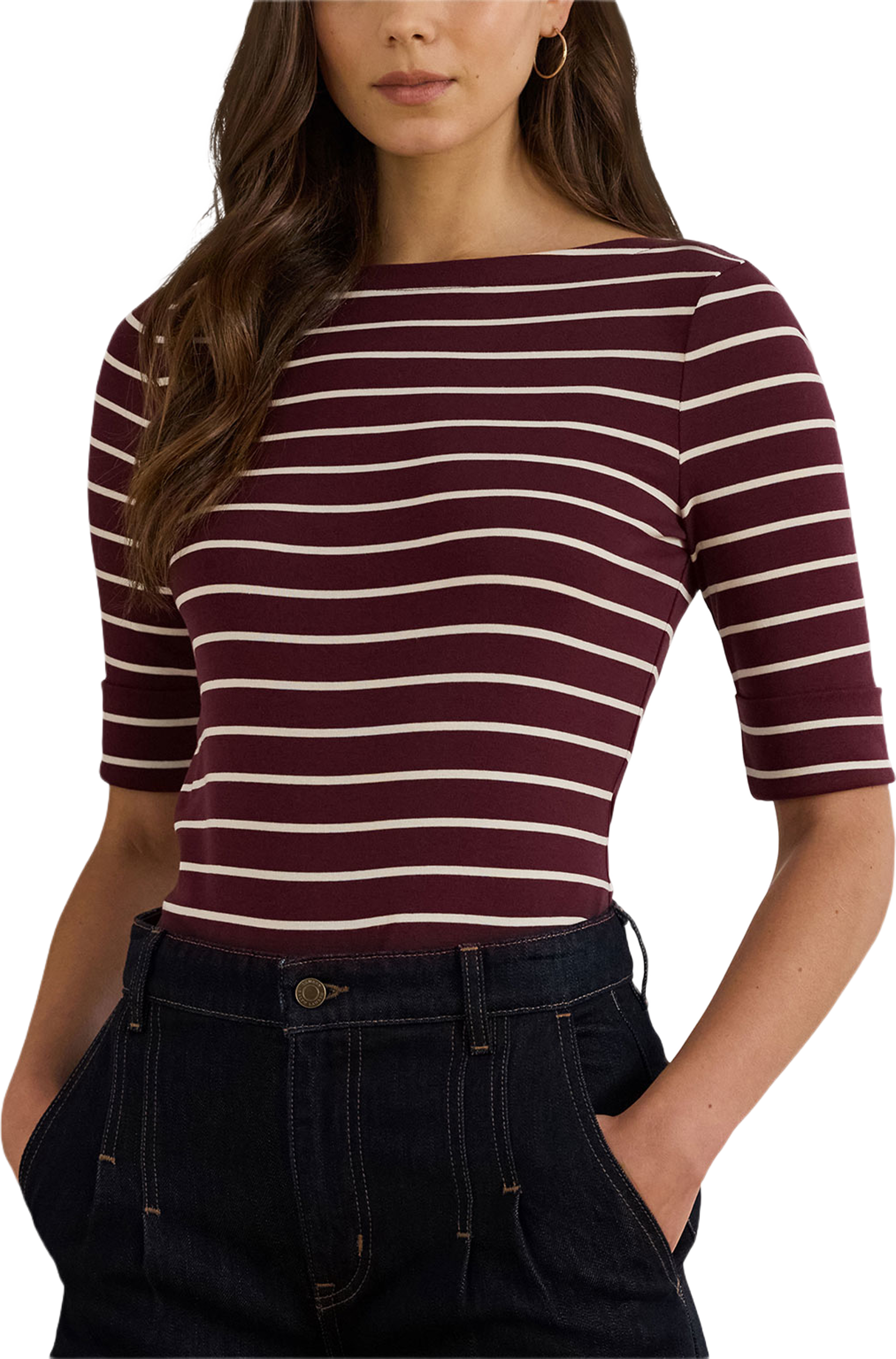 Striped Stretch Cotton Boatneck Tee, från Lauren Ralph Lauren, i färgen Dark Garnet/Mascarpone Cream. Klicka för att öppna bilden i stort format