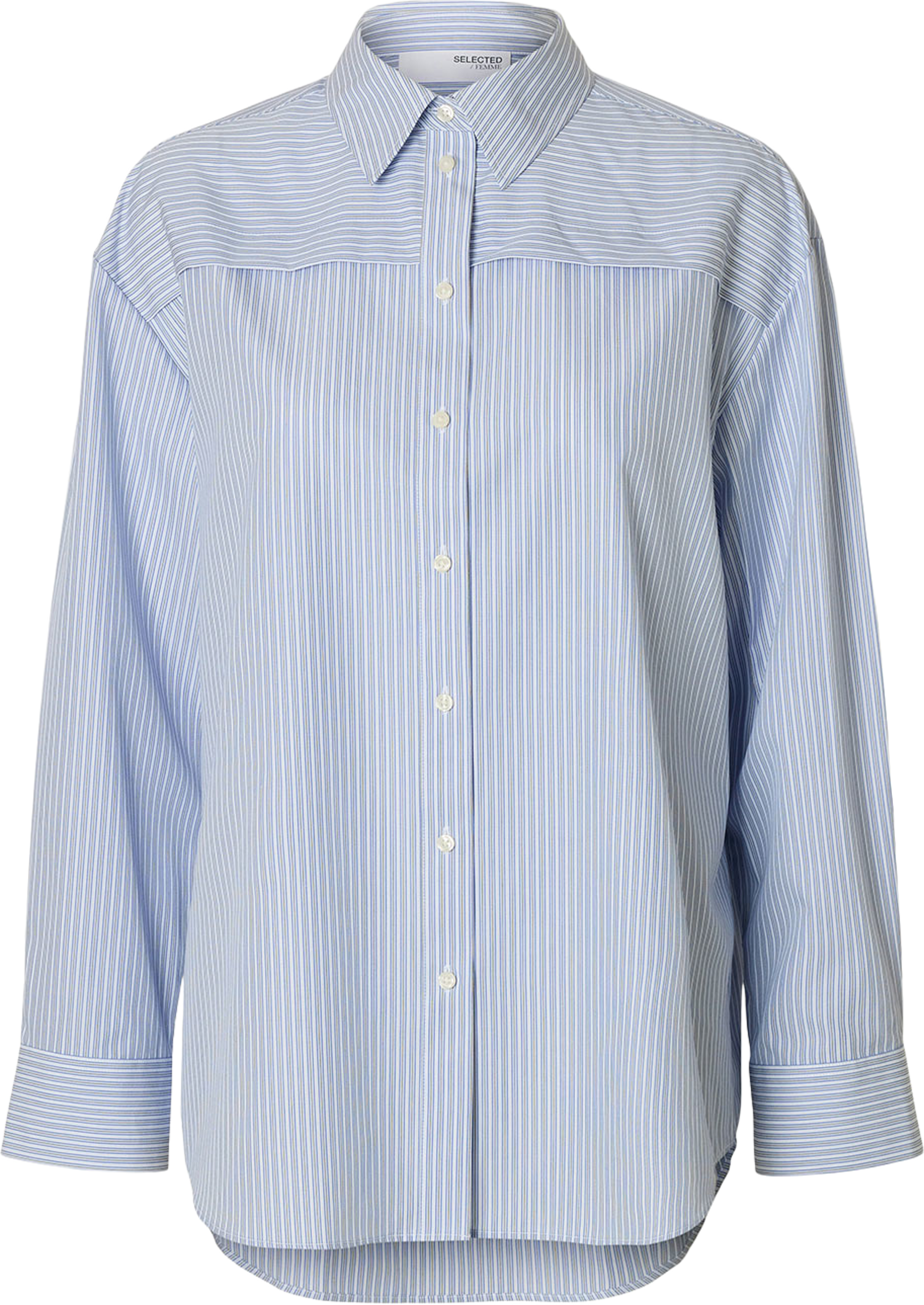 SLFALLISON Oversized Skjorta, från Selected Femme, i färgen Cashmere Blue Stripe. Klicka för att öppna bilden i stort format