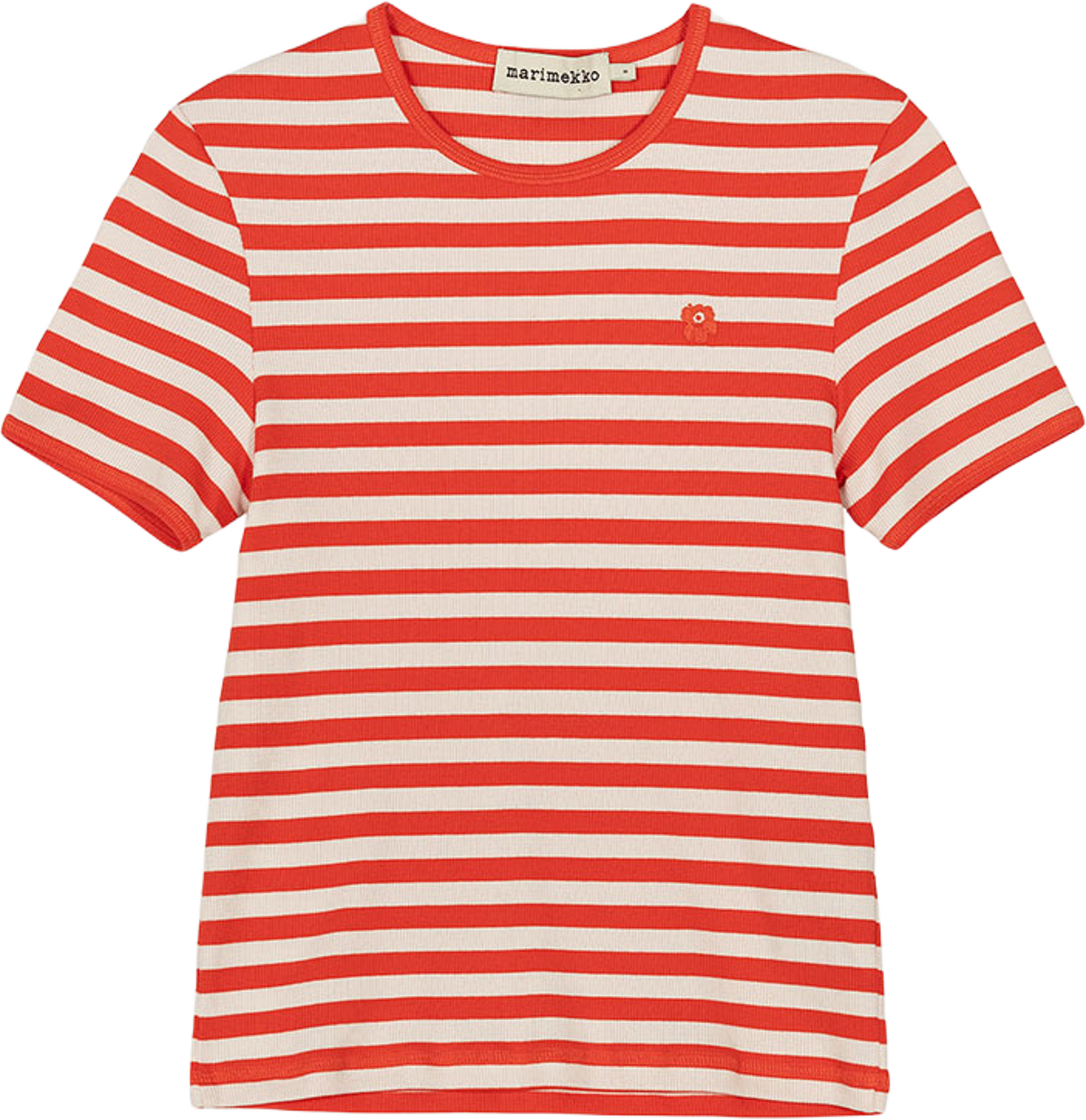 Kukkea Tasaraita Unikko, från Marimekko, i färgen Red, Off White. Klicka för att öppna bilden i stort format