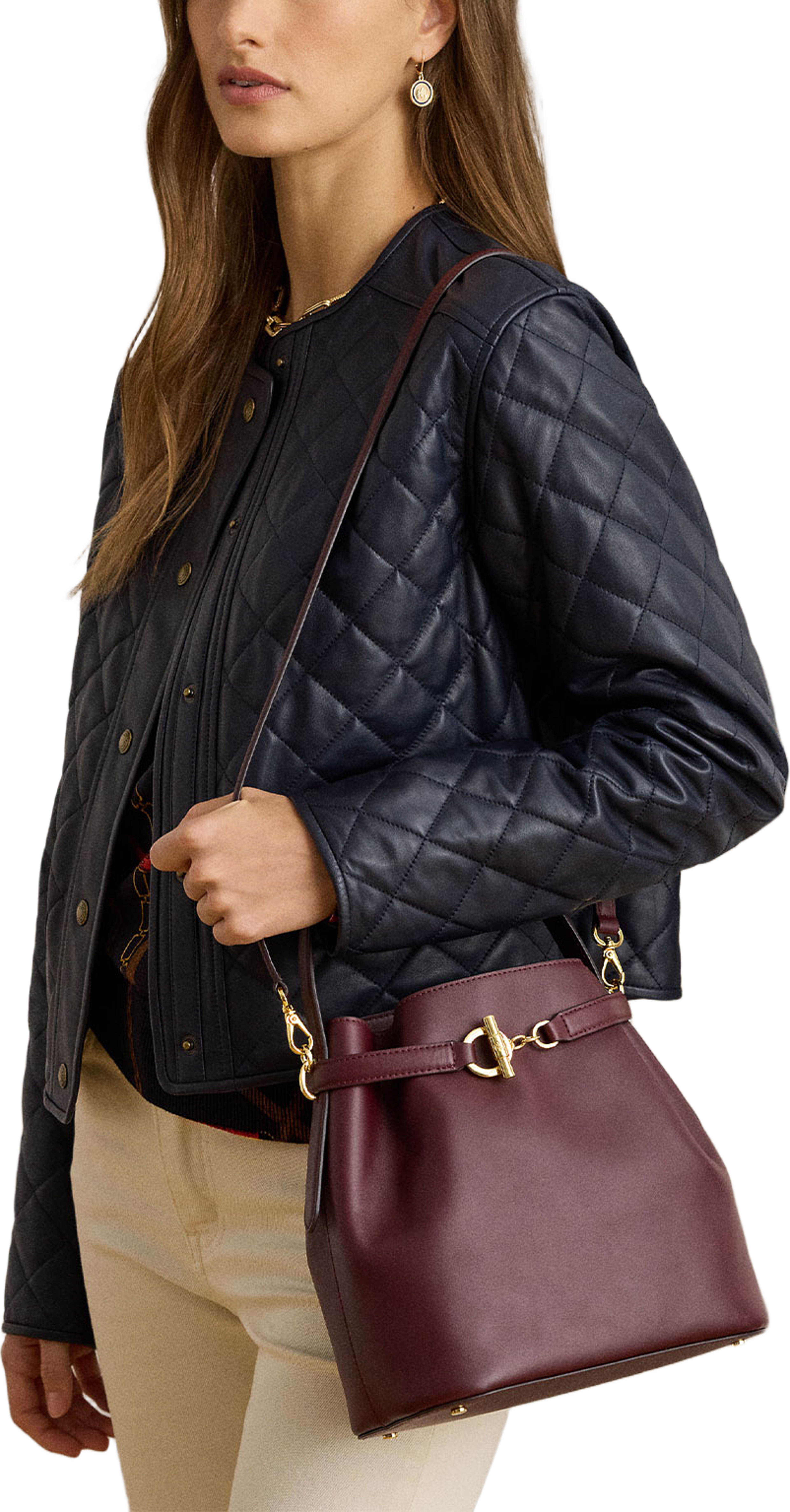 Leather Medium Blaike Bucket Bag, från Lauren Ralph Lauren, i färgen Dark Garnet. Klicka för att öppna bilden i stort format
