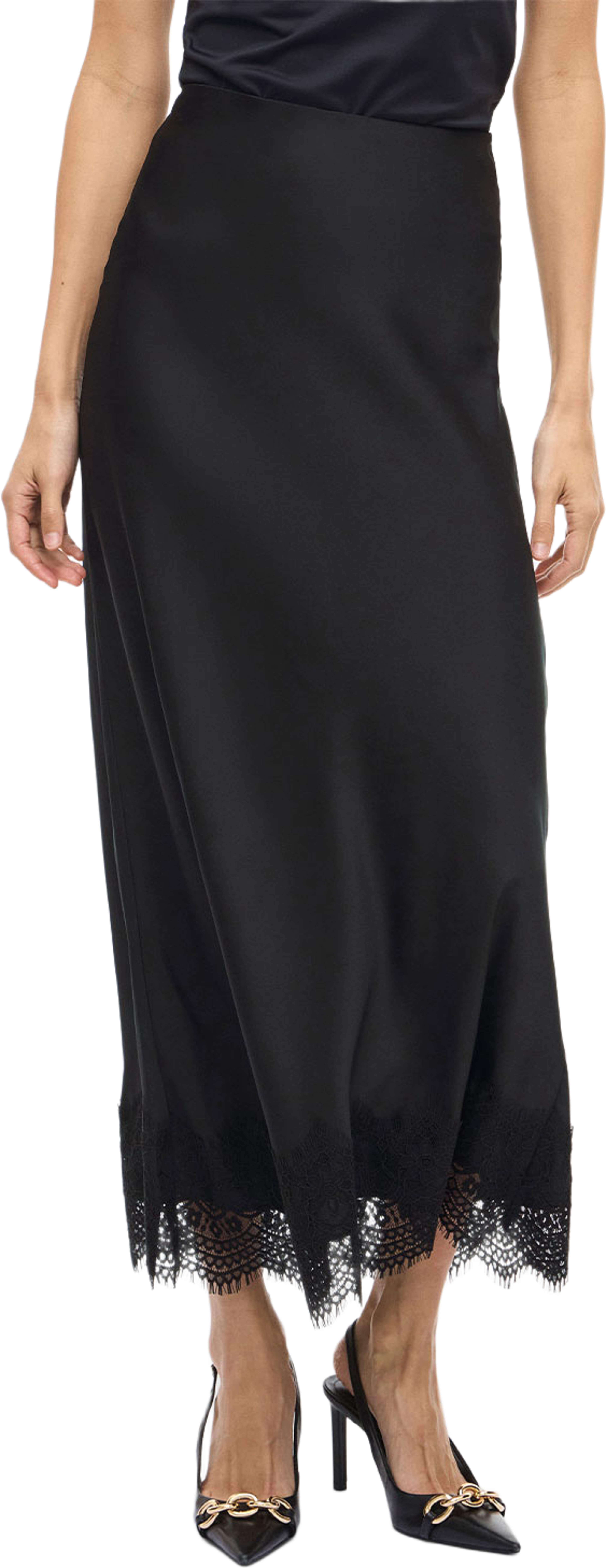 VIELLETTE Midikjol med spets, från Vila, i färgen Black Beauty. Klicka för att öppna bilden i stort format