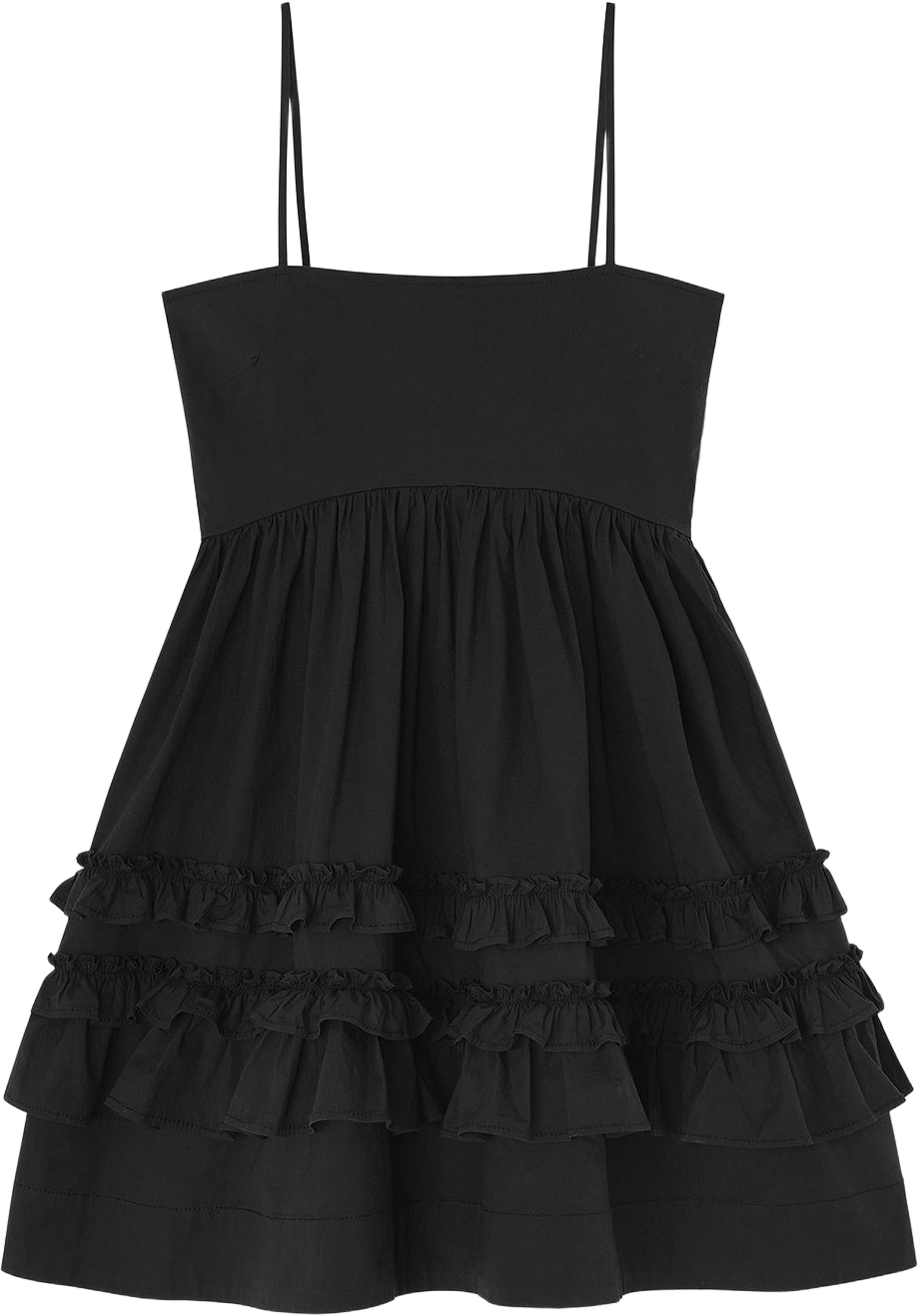 Stretch Cotton Mini Strap Dress w. Frills, från GANNI, i färgen Black. Klicka för att öppna bilden i stort format