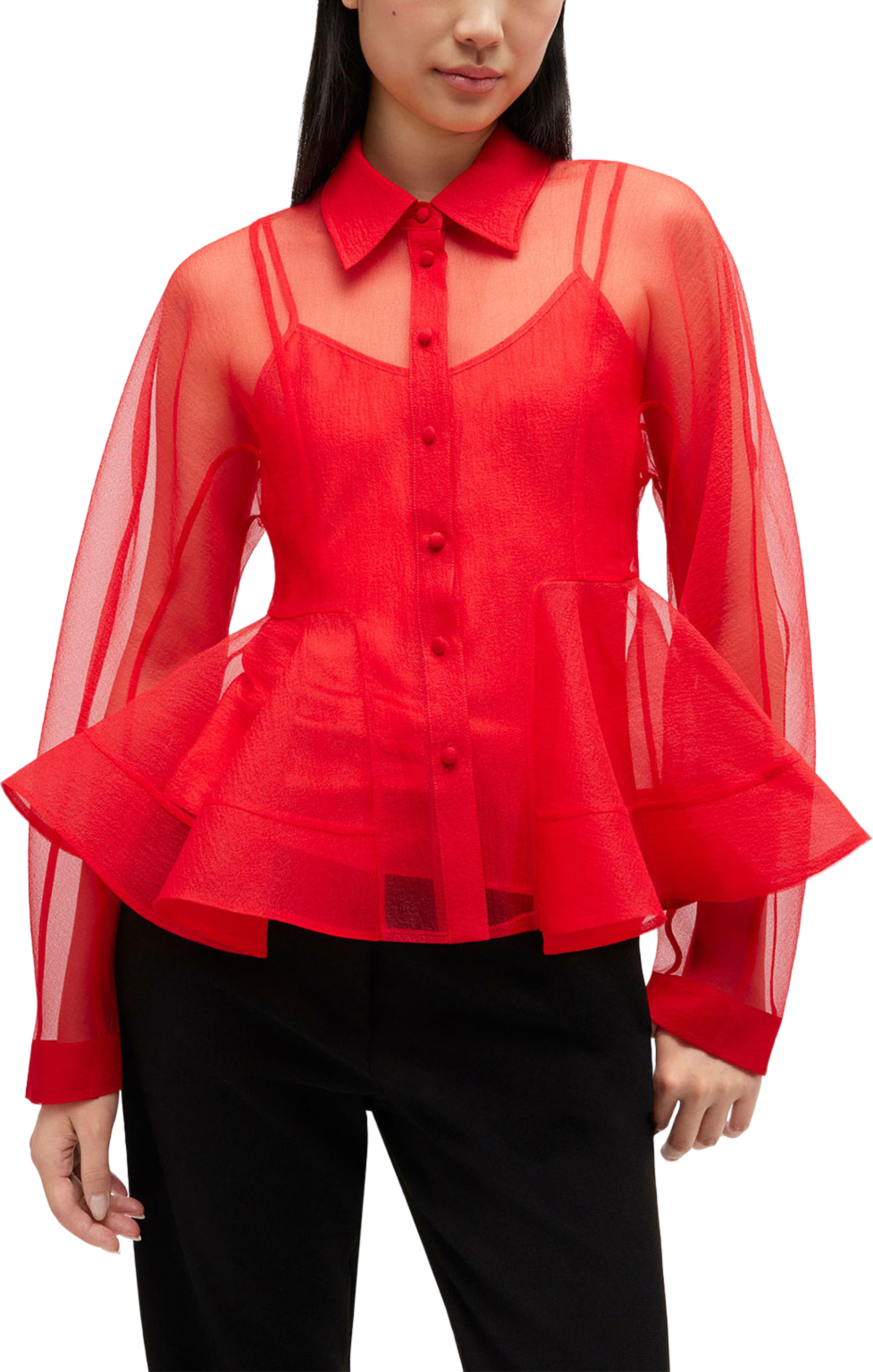Textured Organza Peplum Shirt, från GANNI, i färgen Mars Red. Klicka för att öppna bilden i stort format