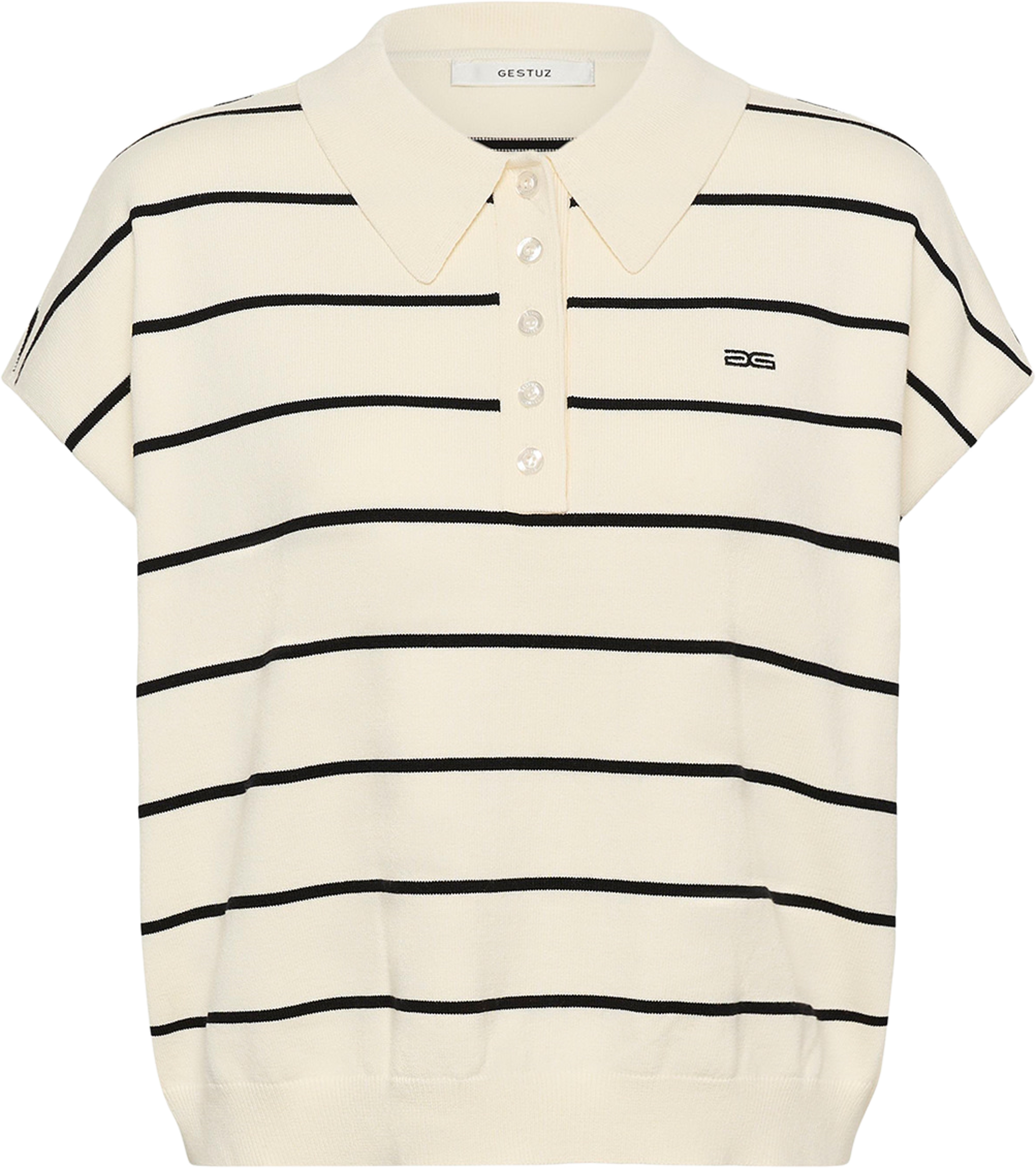 GZsaia ss polo pullover, från Gestuz, i färgen Egret/Black Striped. Klicka för att öppna bilden i stort format