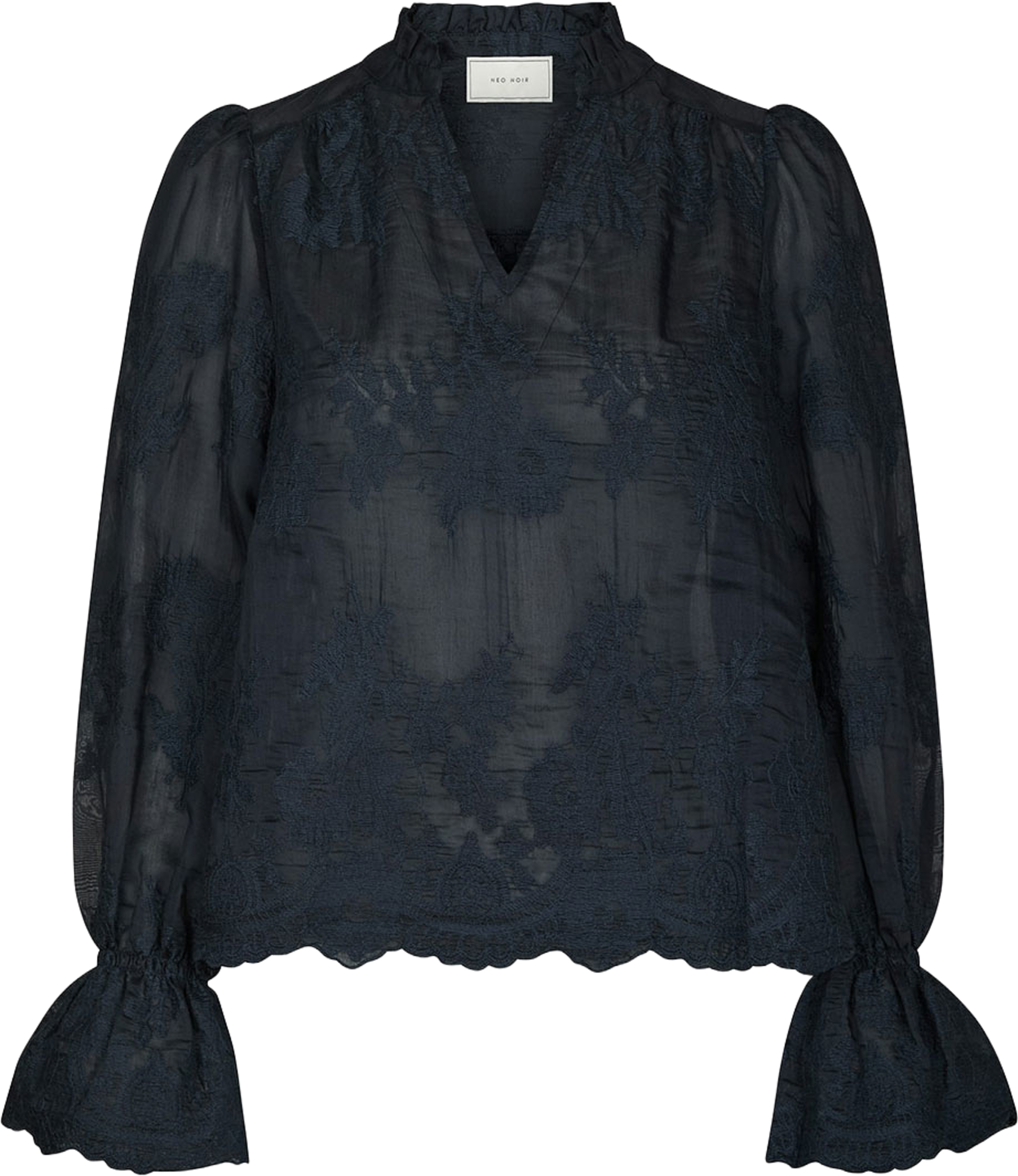 Amara Big Embroidery Blouse, från Neo Noir, i färgen Navy. Klicka för att öppna bilden i stort format