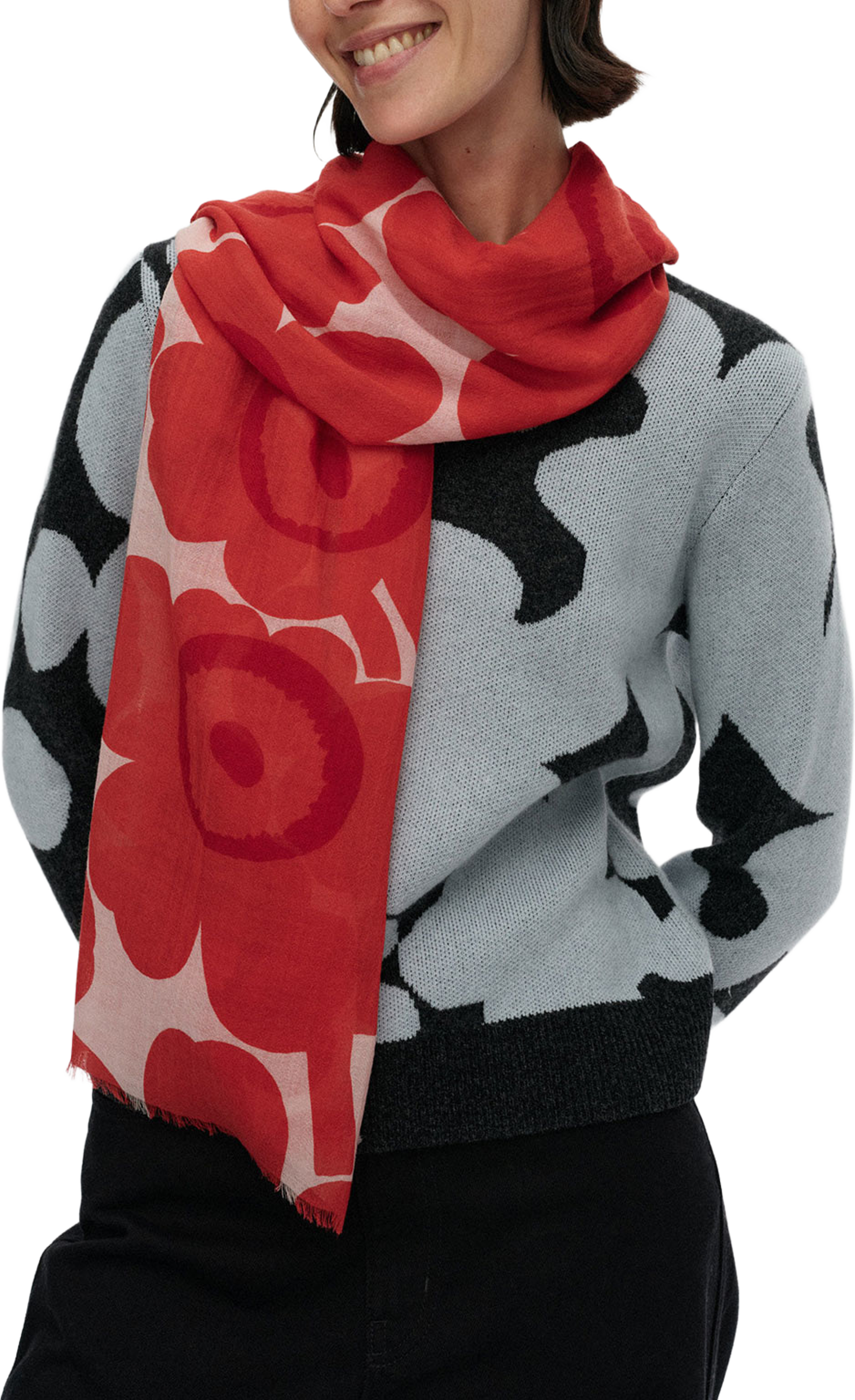 Fiore Unikko Scarf, från Marimekko, i färgen Red, Light Pink. Klicka för att öppna bilden i stort format