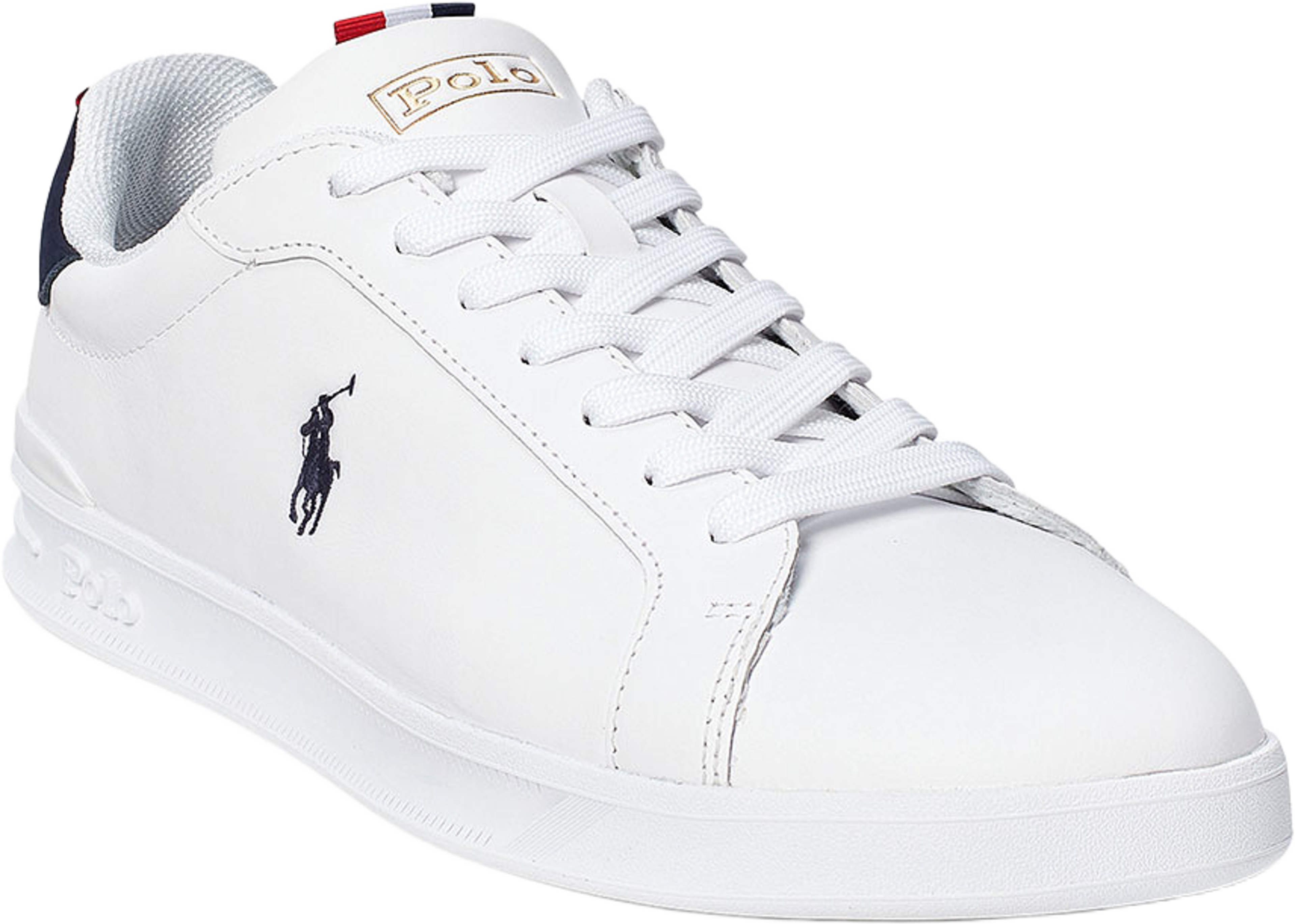 Heritage Court II Leather Sneaker, från Ralph Lauren, i färgen White/Navy/Red. Klicka för att öppna bilden i stort format