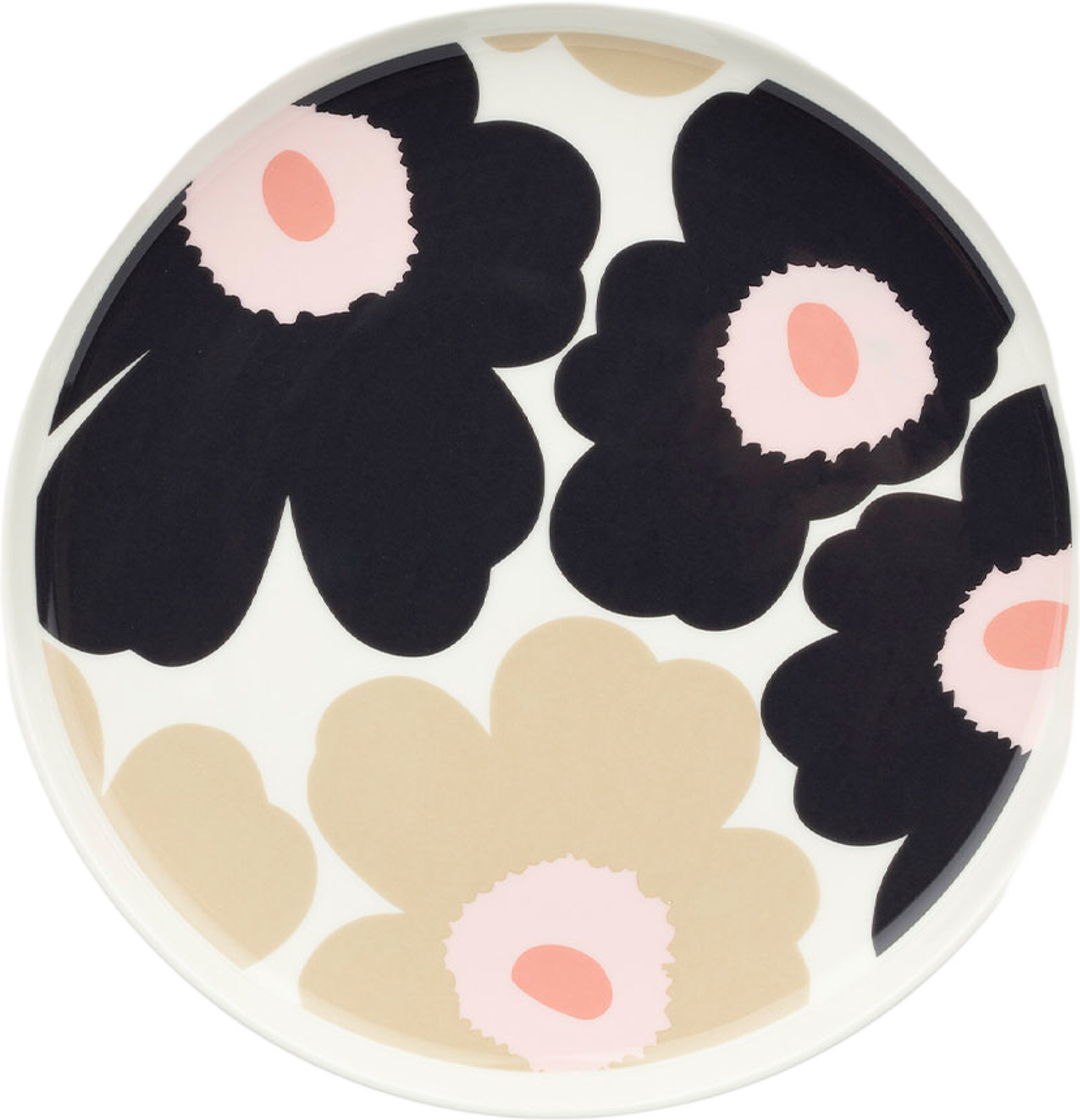 Unikko Plate 20cm, från Marimekko, i färgen Off White,charcoal,sand,pink. Klicka för att öppna bilden i stort format