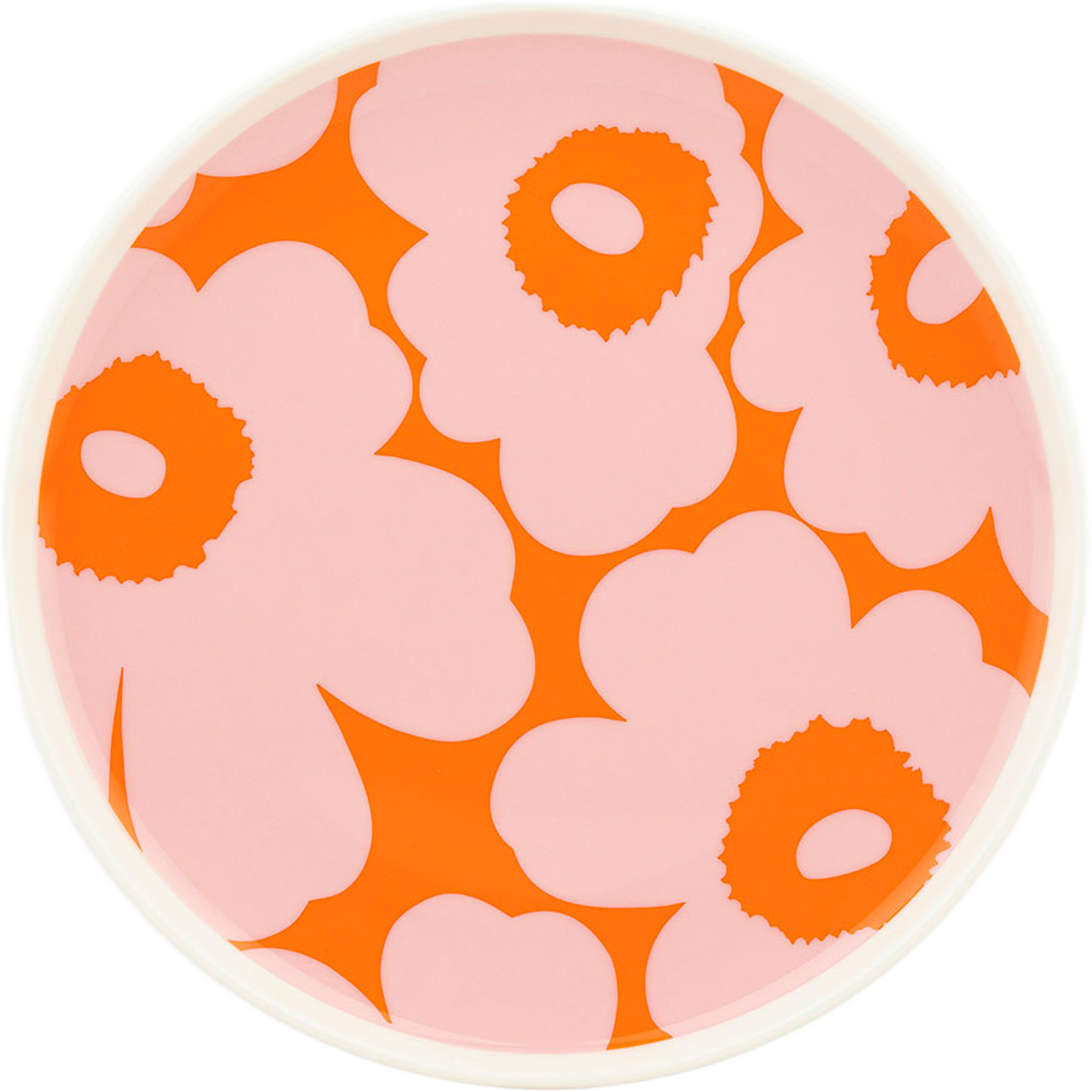 Unikko Plate 20cm, från Marimekko, i färgen White, Pink, Orange. Klicka för att öppna bilden i stort format