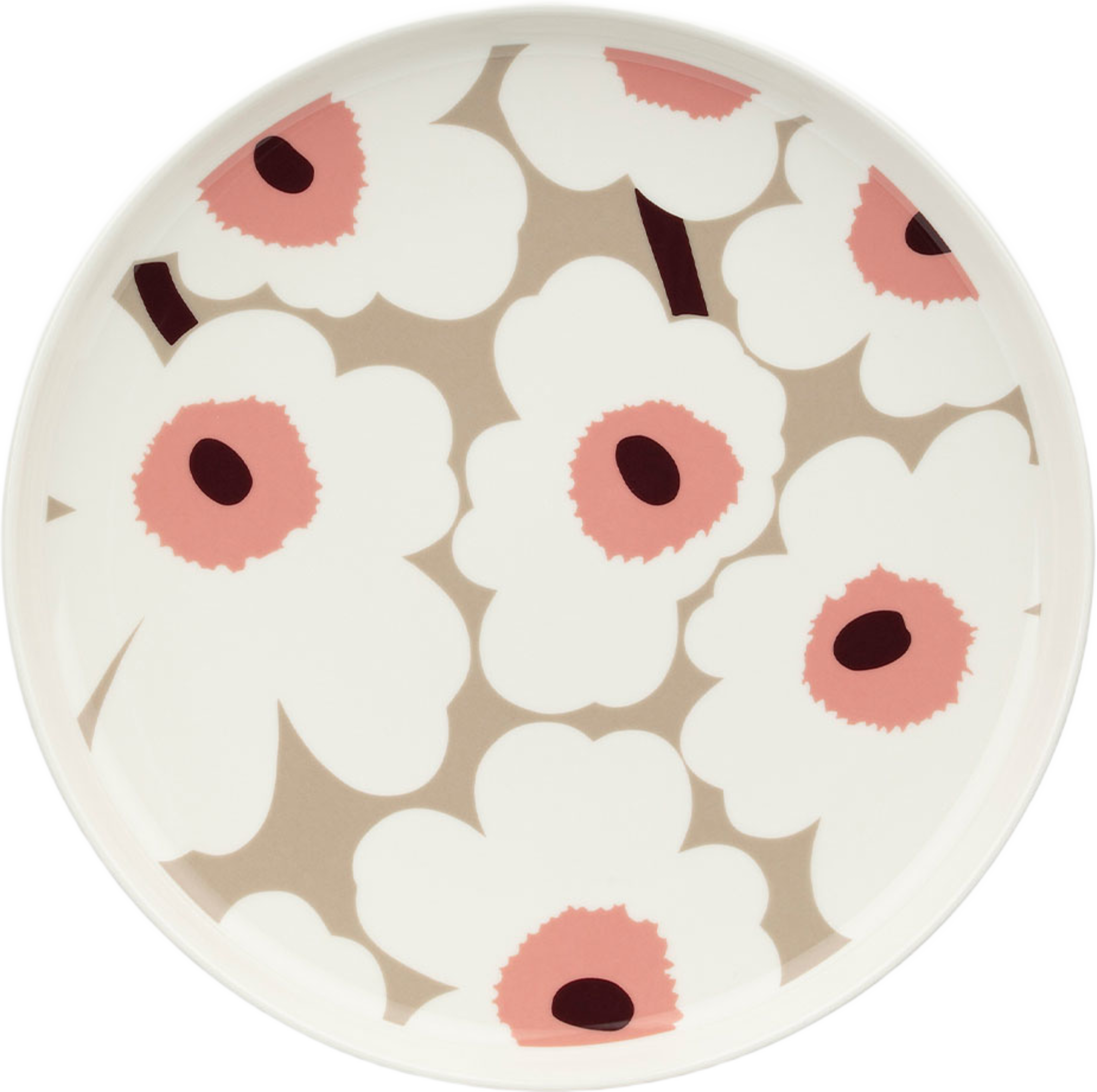 Unikko Plate 25cm, från Marimekko, i färgen White, Clay, Powder, Dark Wine. Klicka för att öppna bilden i stort format