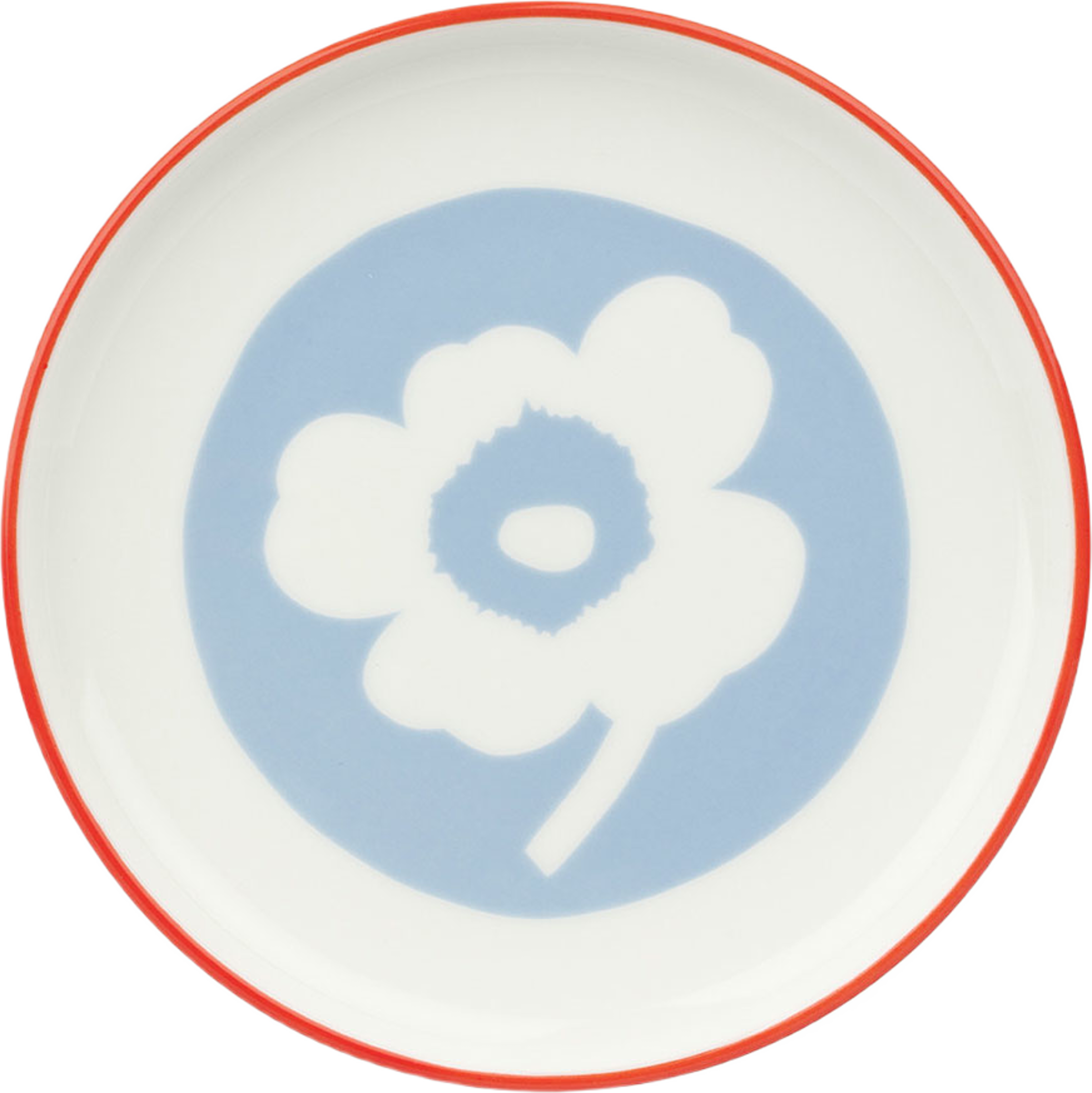 Unikko Plate 13,5cm, från Marimekko, i färgen White, Lt.blue, Orange Red. Klicka för att öppna bilden i stort format