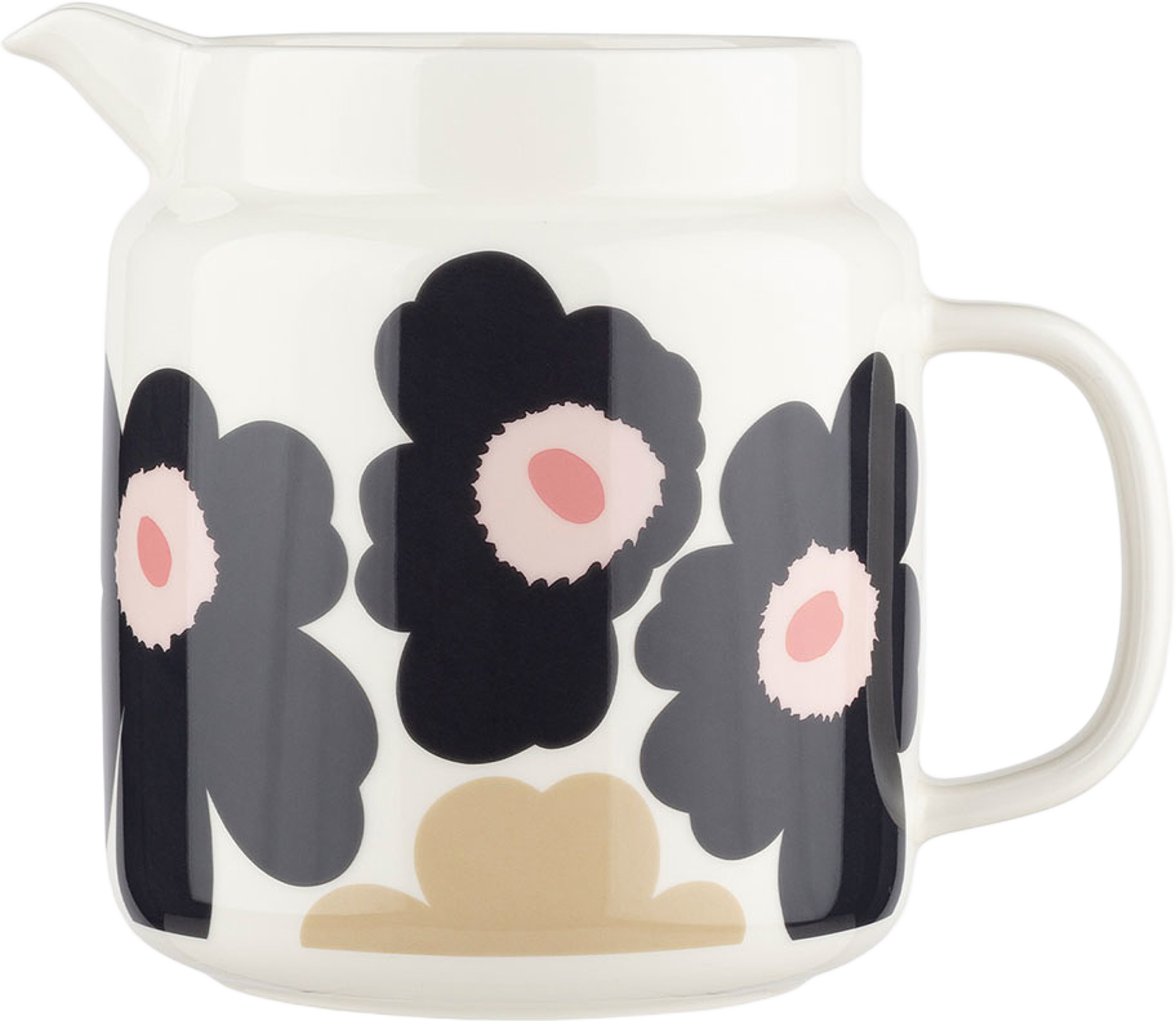 Unikko Jug 1,25l, från Marimekko, i färgen Off White,charcoal,sand,pink. Klicka för att öppna bilden i stort format