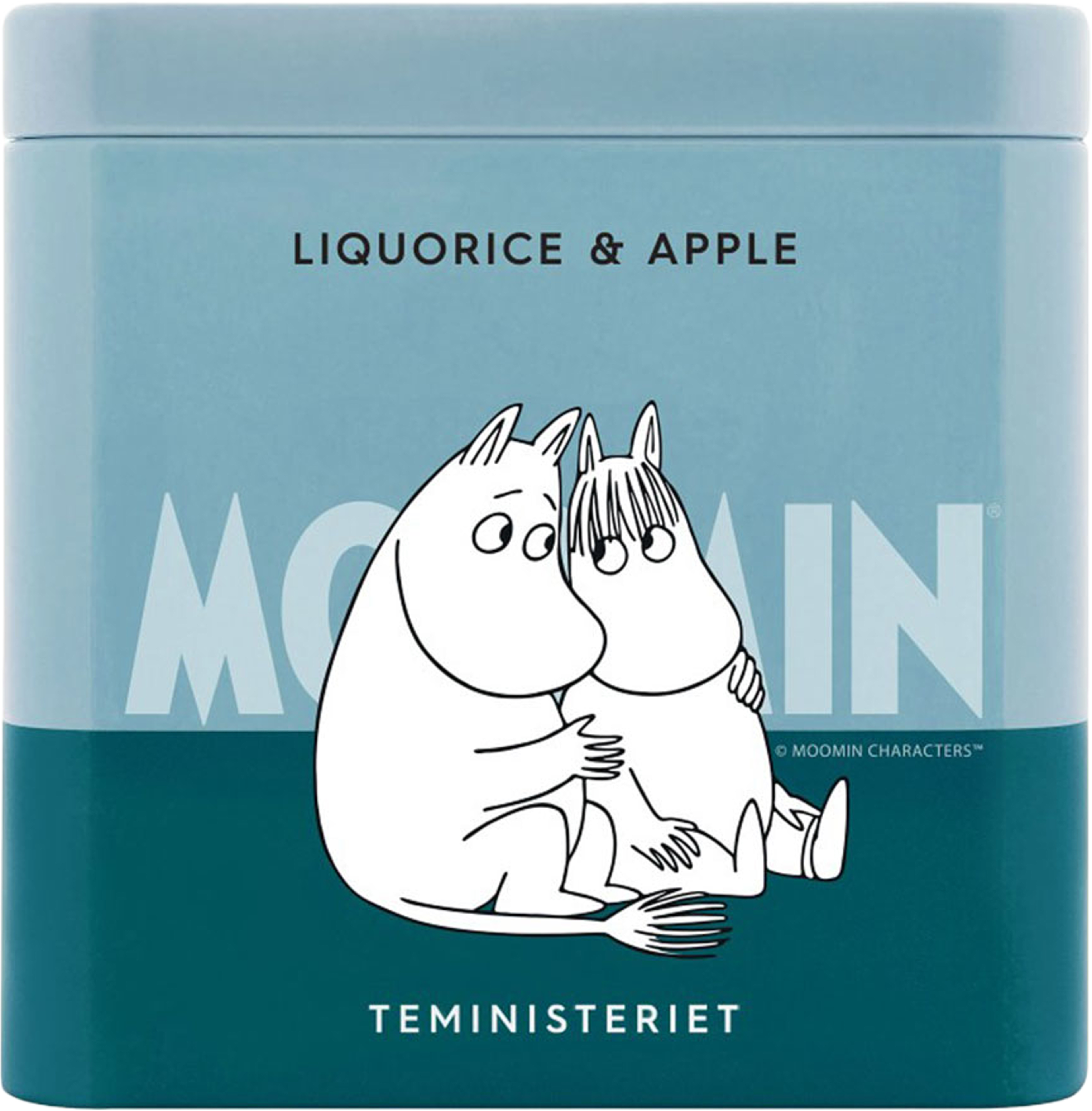 Moomin Liquorice & Apple Ekologisk Tin, från Teministeriet, i färgen Turkos. Klicka för att öppna bilden i stort format