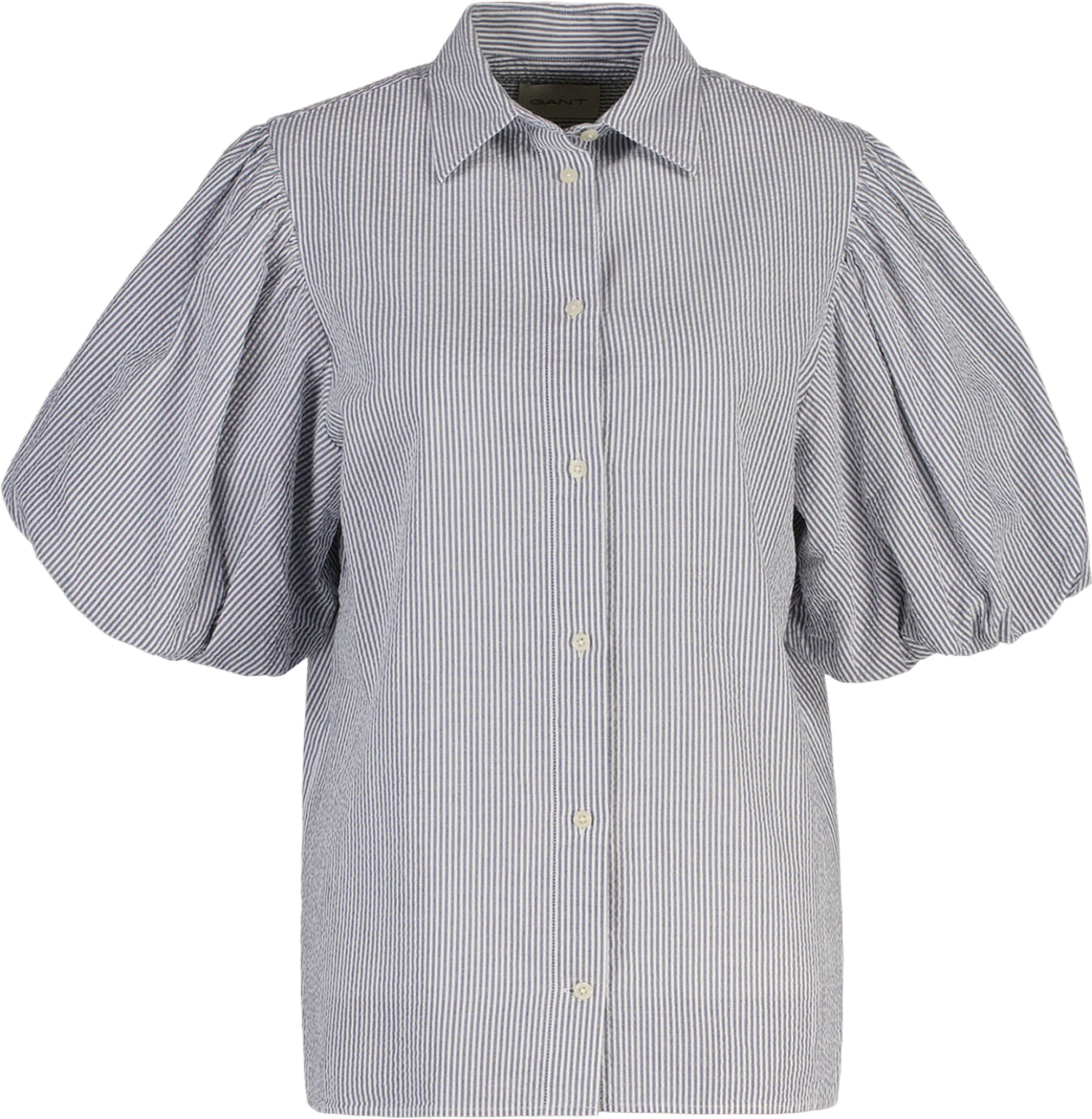 Seersucker Puff Sleeve Blouse, från GANT, i färgen Evening Blue. Klicka för att öppna bilden i stort format