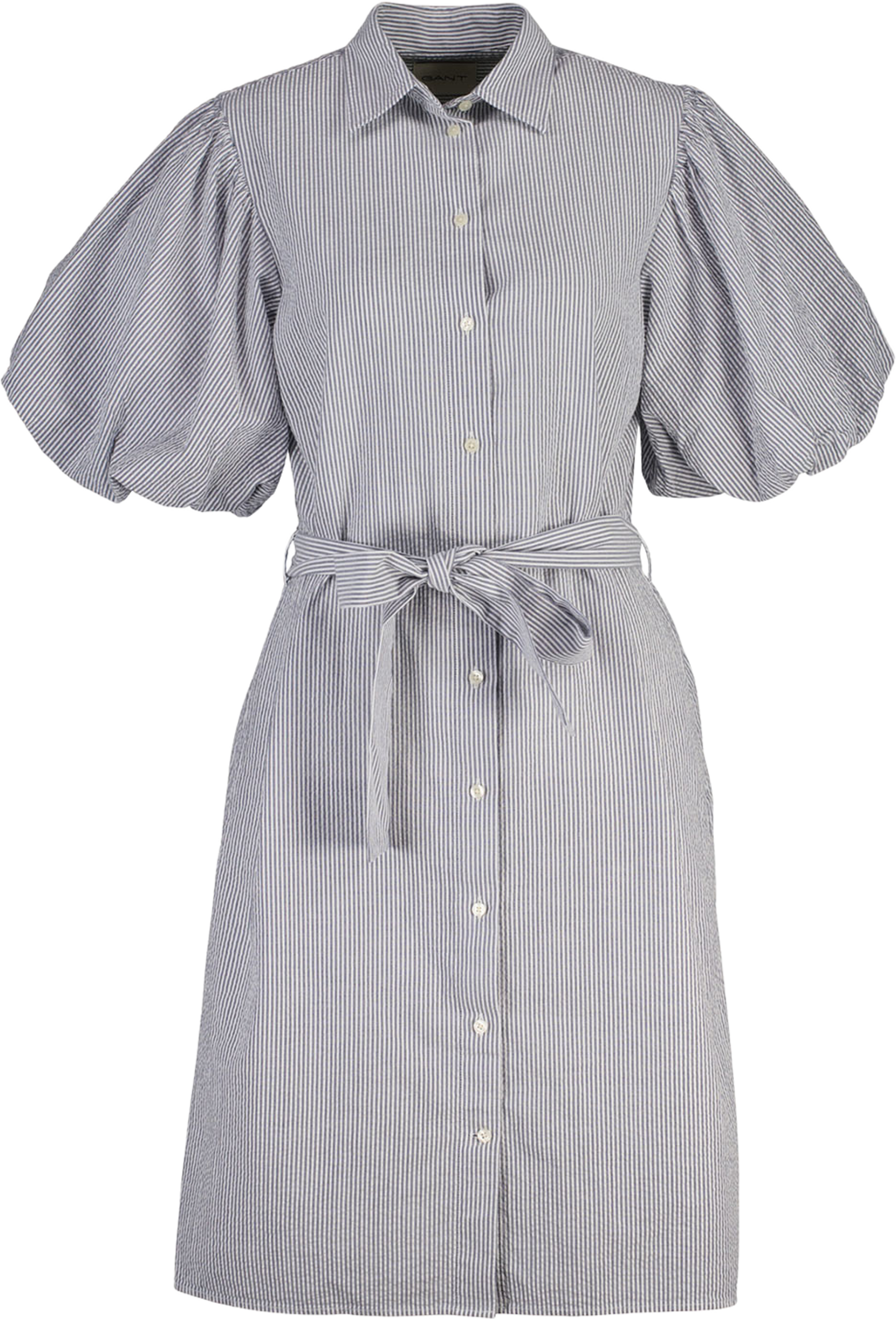 Seersucker Puff Sleeve Dress, från GANT, i färgen Evening Blue. Klicka för att öppna bilden i stort format