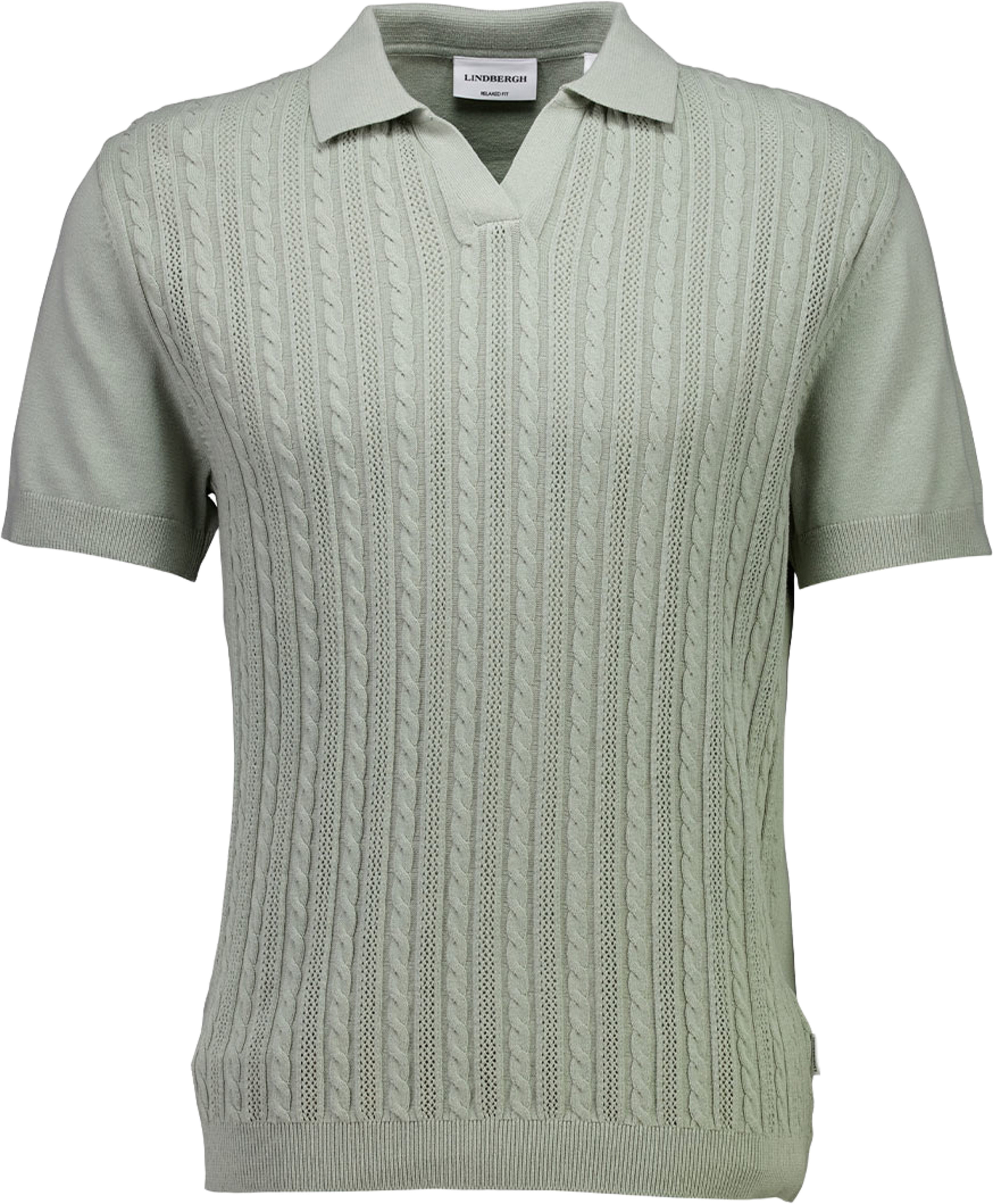 Knitted S/S cable v-neck polo Knit, från Lindbergh, i färgen Dusty Green. Klicka för att öppna bilden i stort format