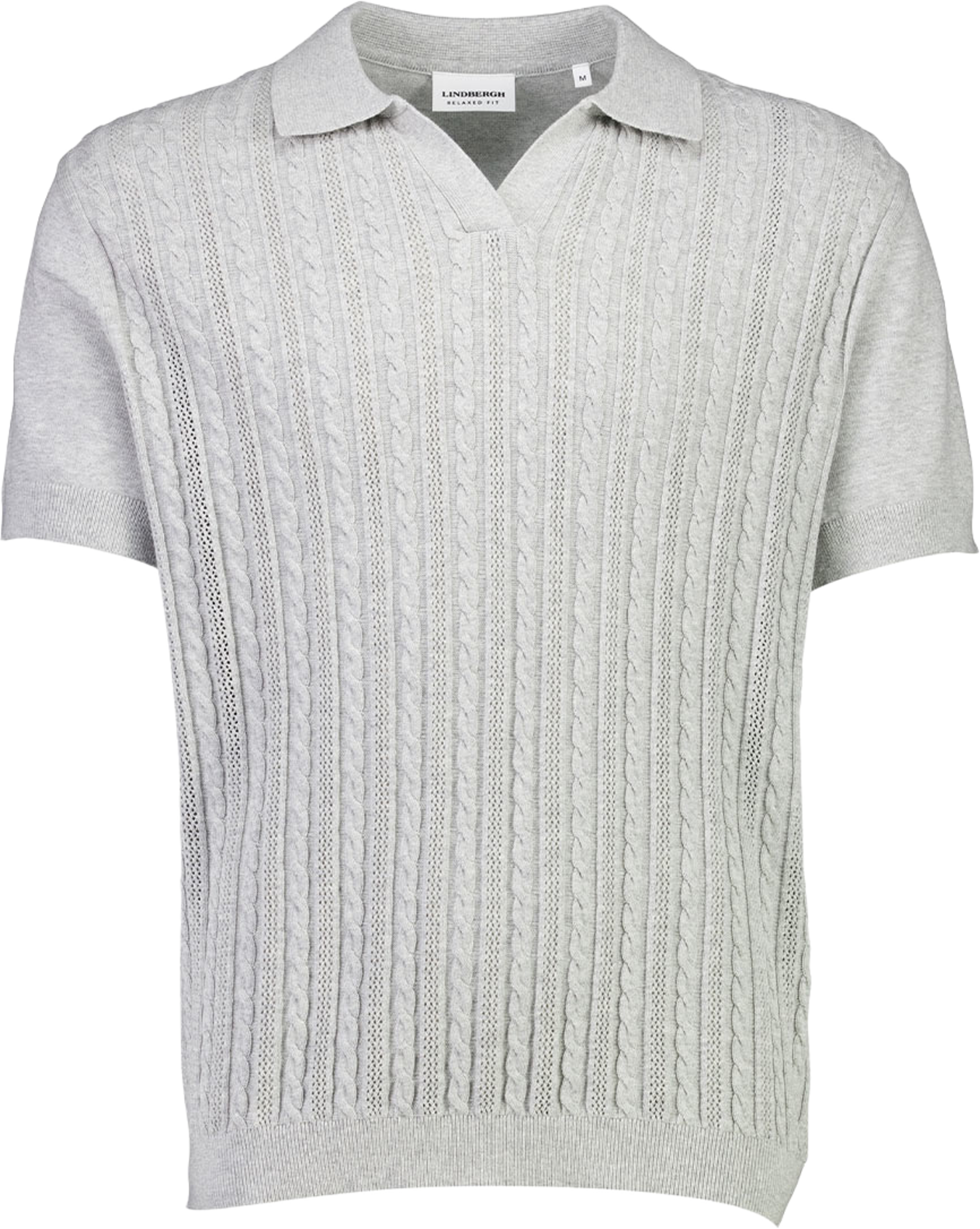 Knitted S/S cable v-neck polo Knit, från Lindbergh, i färgen Grey Mel. Klicka för att öppna bilden i stort format