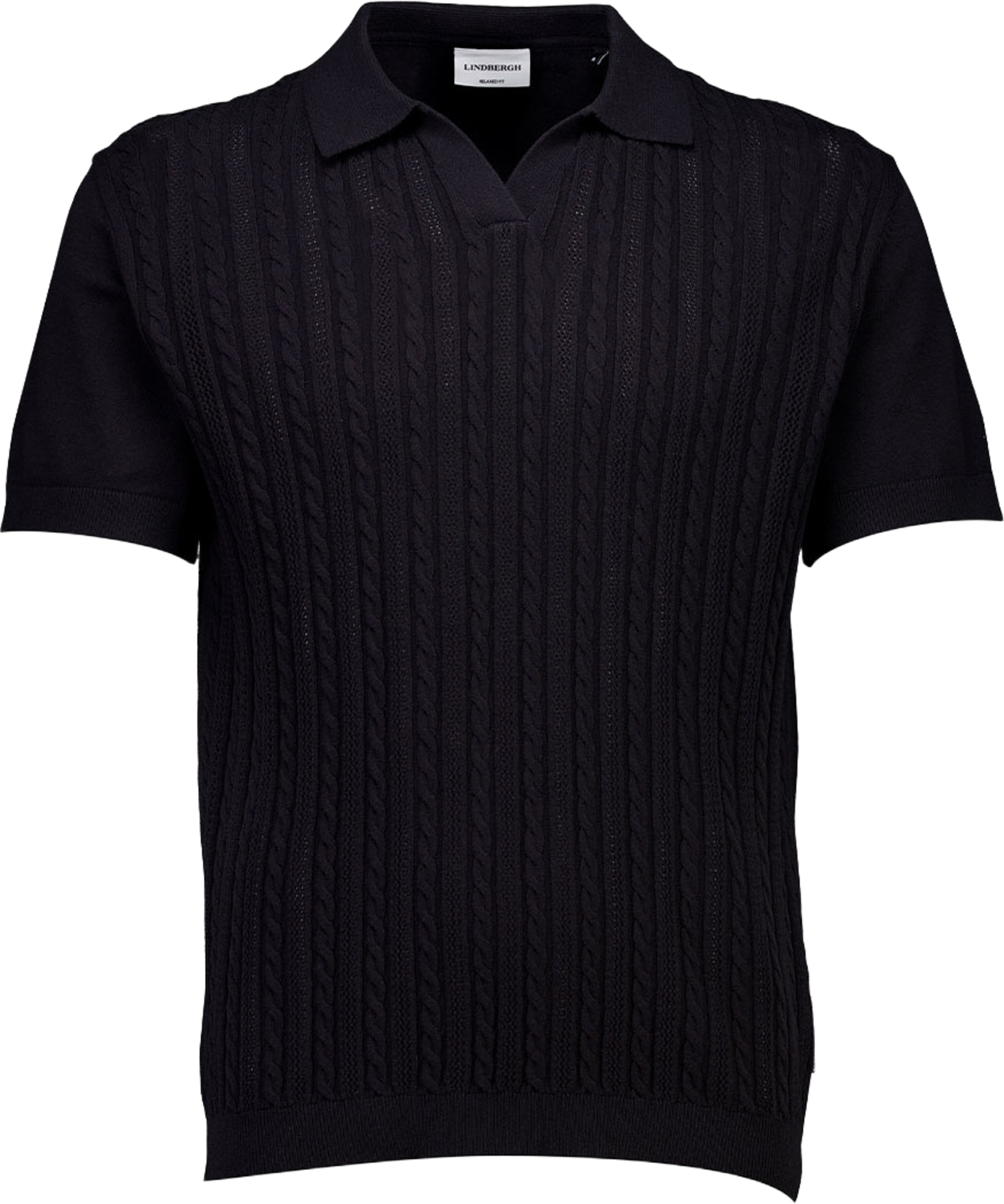 Knitted S/S cable v-neck polo Knit, från Lindbergh, i färgen Black. Klicka för att öppna bilden i stort format