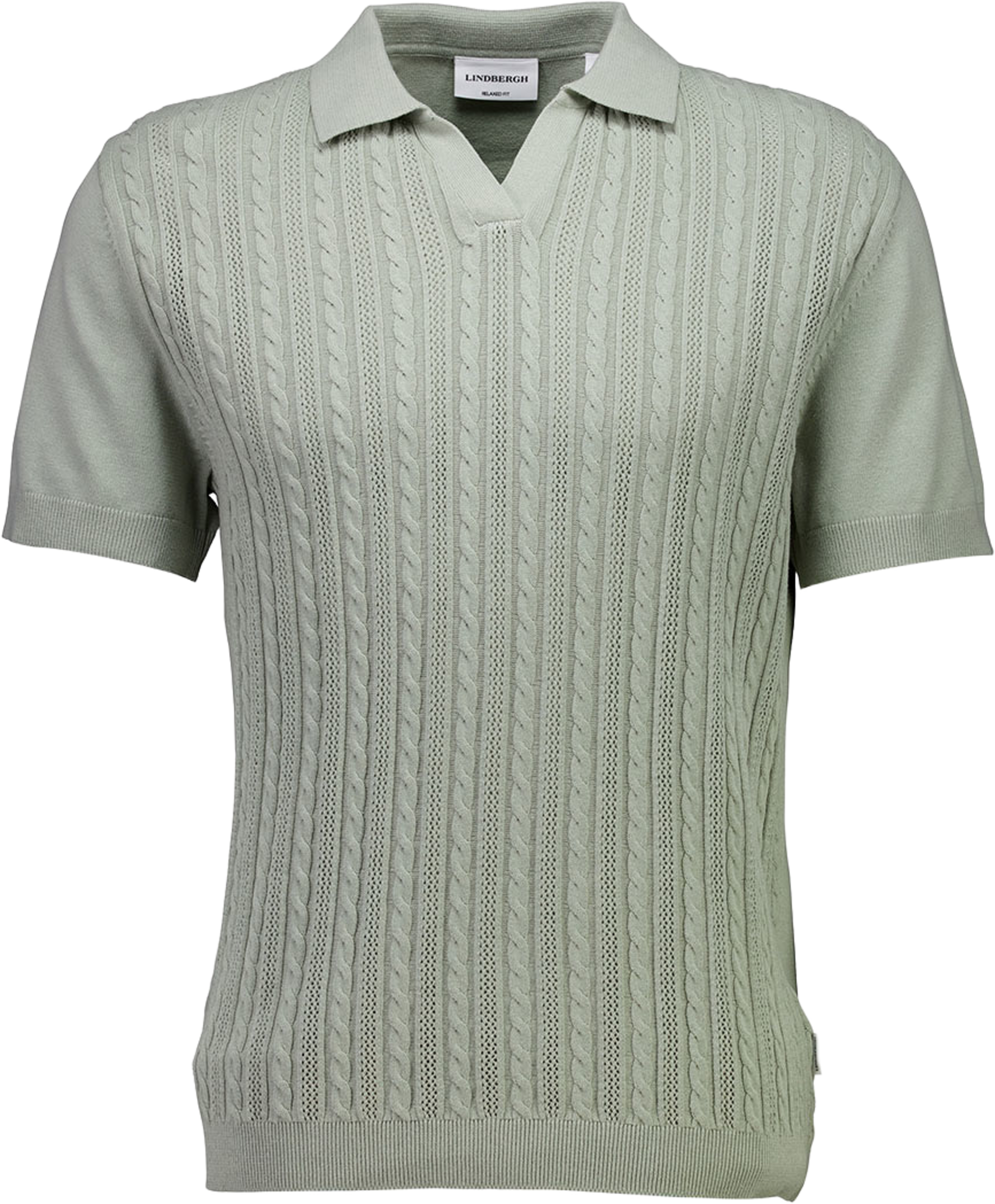 Knitted S/S cable v-neck polo Knit, från Lindbergh, i färgen Sage Green. Klicka för att öppna bilden i stort format