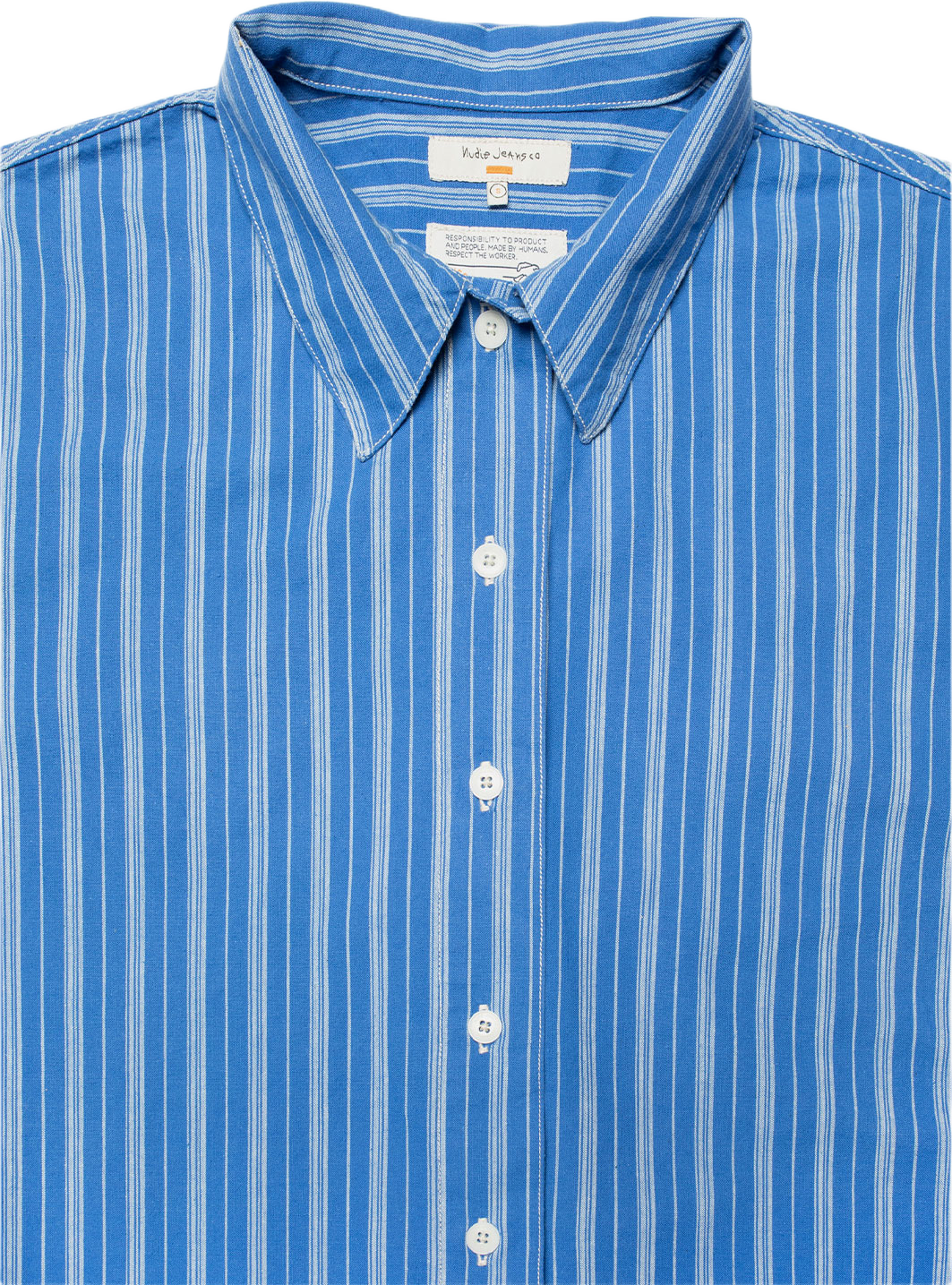 Jutta Shirt Striped, från Nudie Jeans, i färgen Blue/Offwhite. Klicka för att öppna bilden i stort format