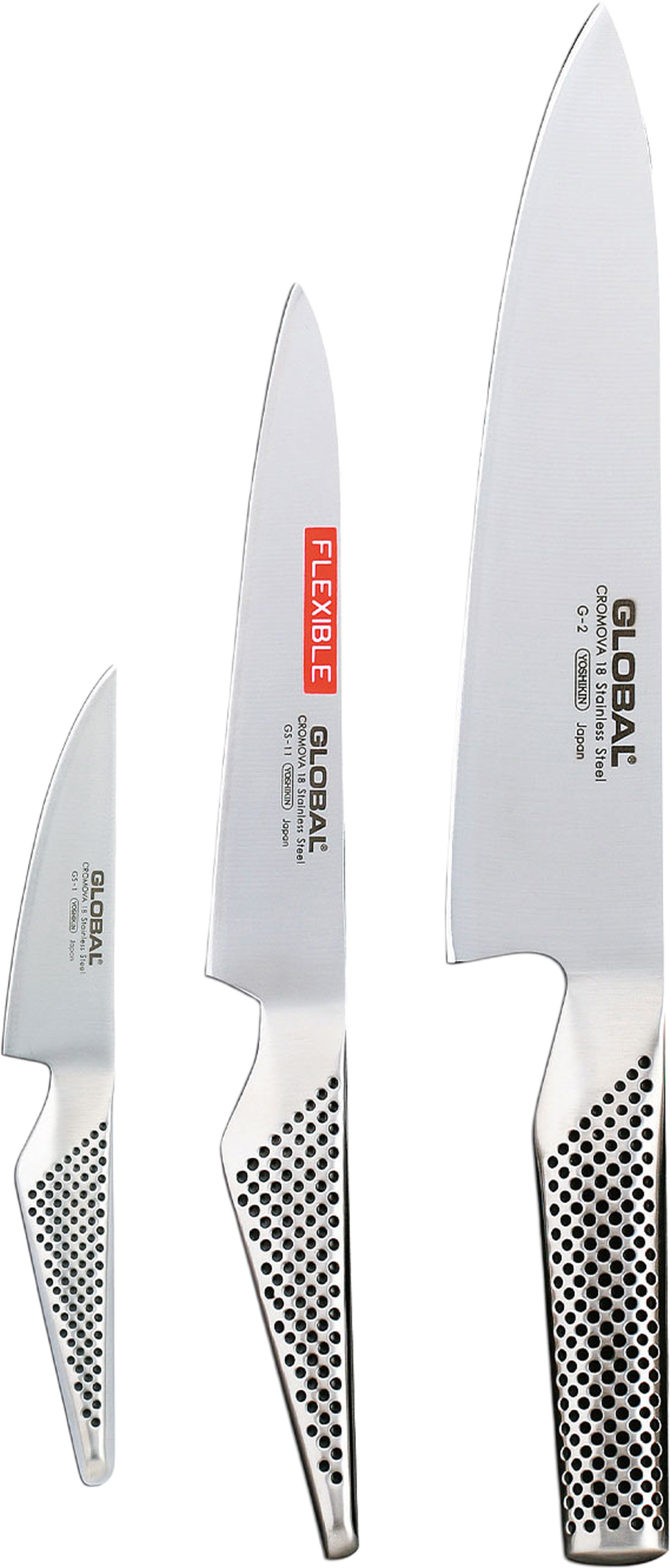 Knivset 3-delar G-2, GS-1, GS-11, från Global, i färgen Rostfri. Klicka för att öppna bilden i stort format