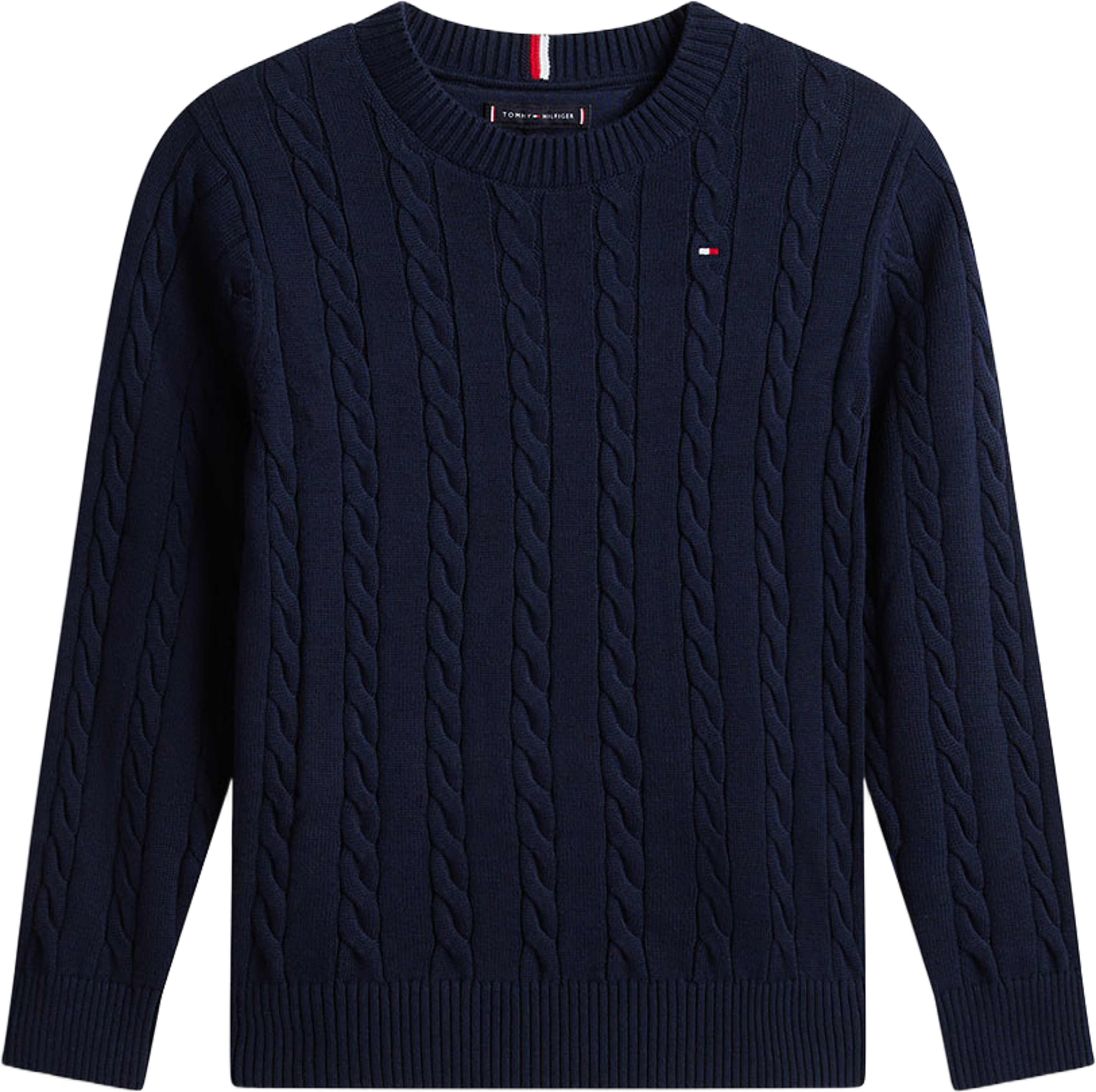 Kabelstickad pullover, från Tommy Hilfiger, i färgen Dark Night Navy. Klicka för att öppna bilden i stort format