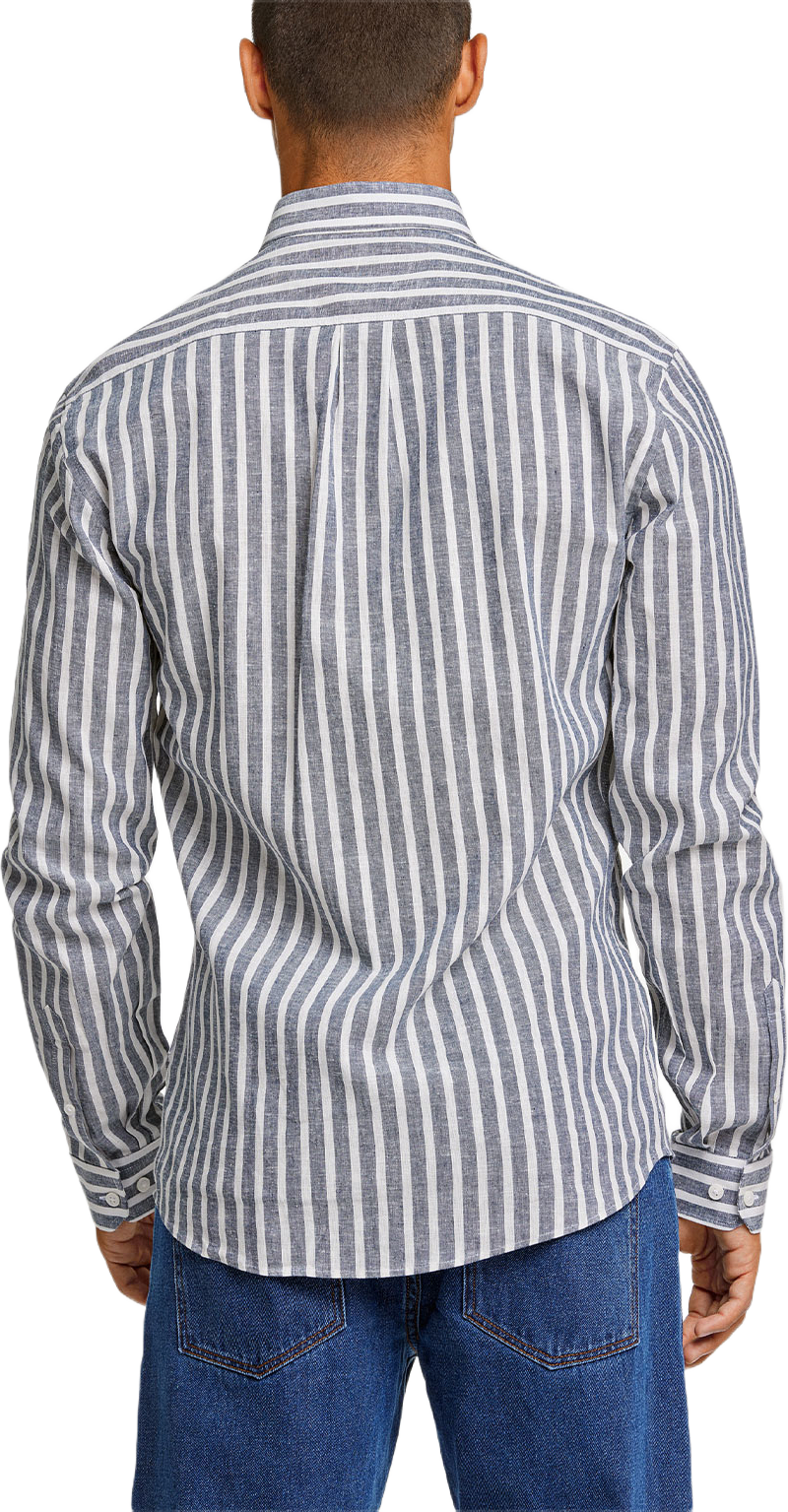 Striped cotton/linen Shirt L/S, från Lindbergh, i färgen Dk Blue. Klicka för att öppna bilden i stort format