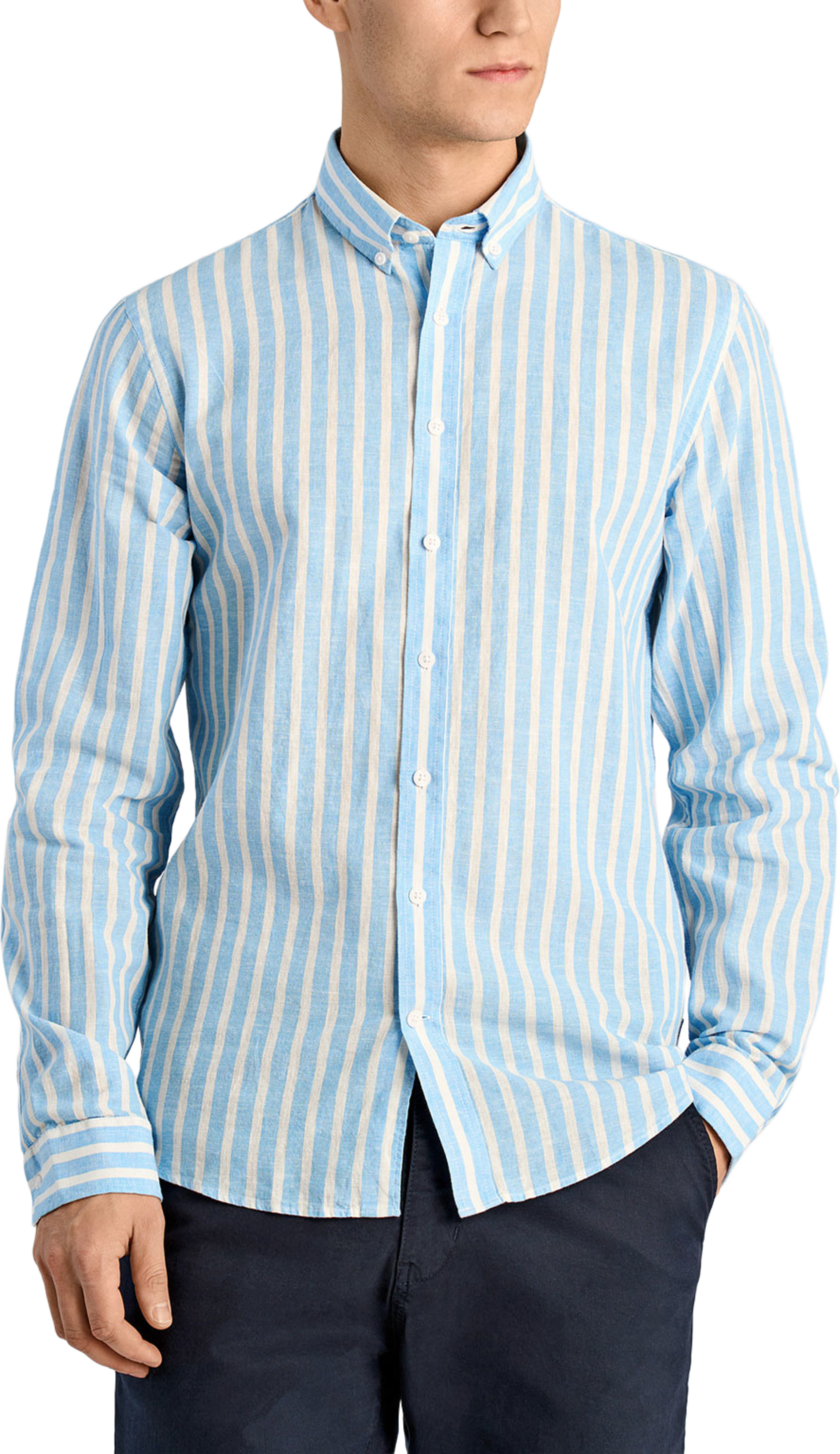 Striped cotton/linen Shirt L/S, från Lindbergh, i färgen Blue. Klicka för att öppna bilden i stort format