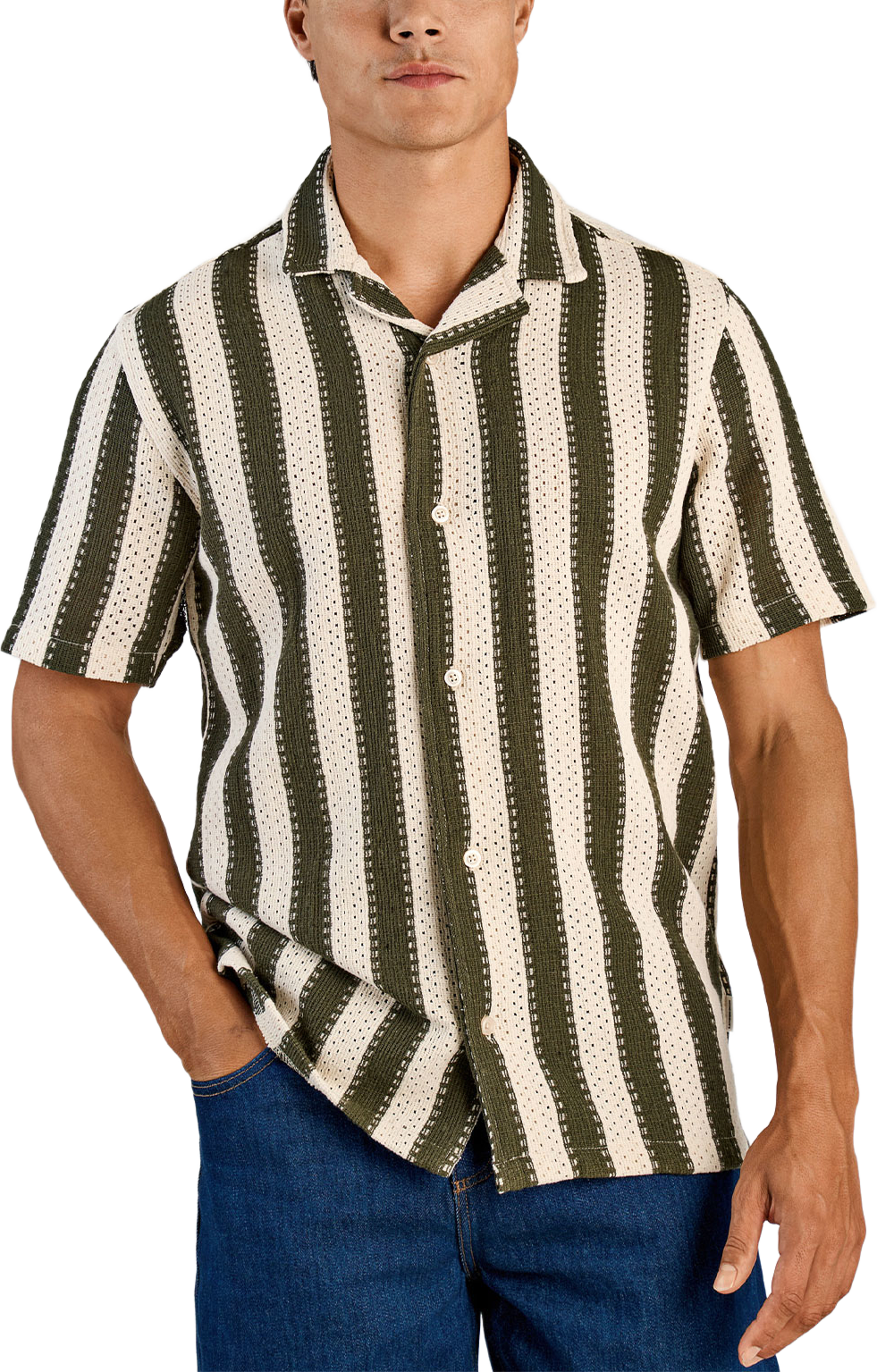 Bold striped resort shirt S/S, från Lindbergh, i färgen Dk Khaki. Klicka för att öppna bilden i stort format