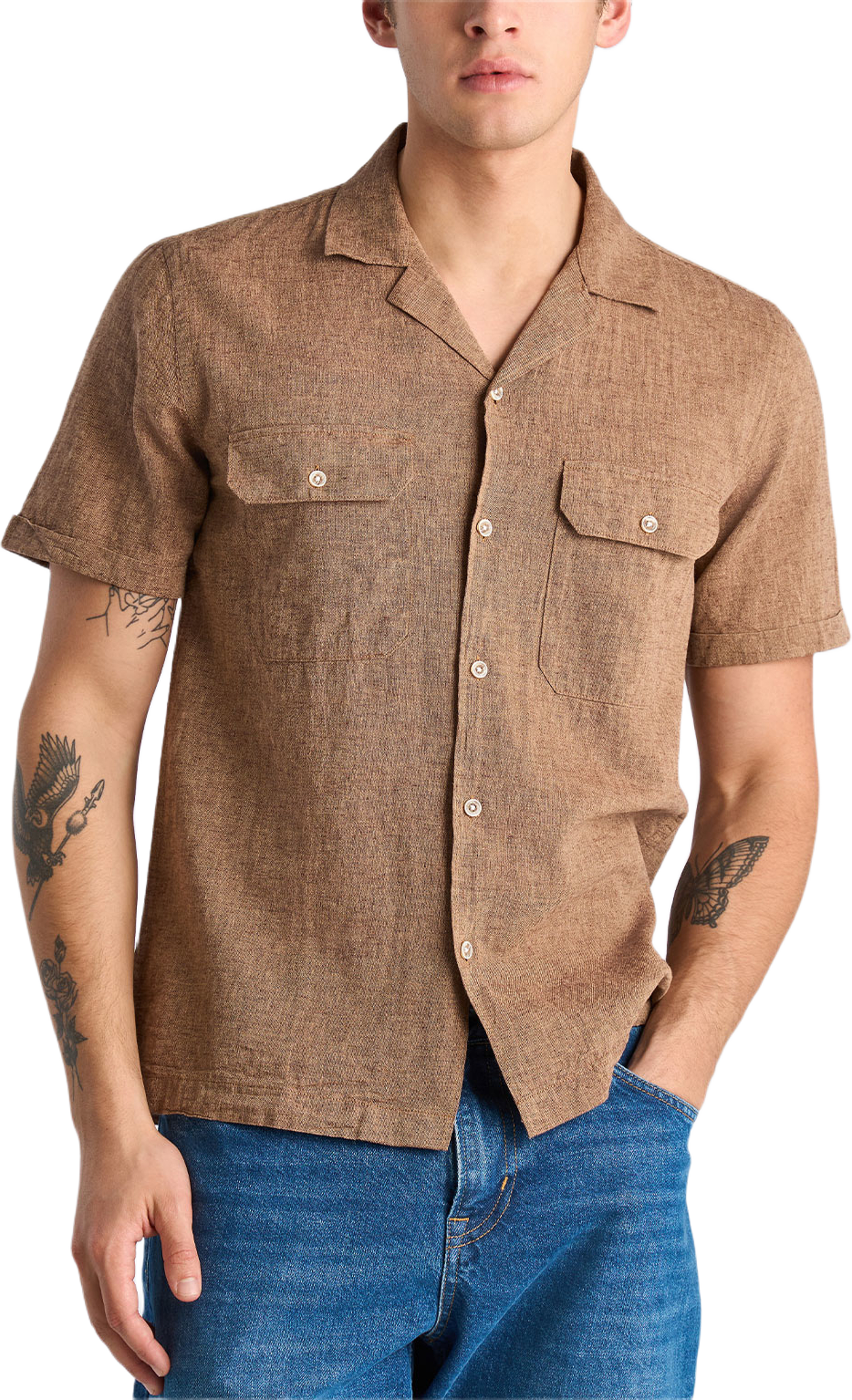 Cotton/linen resort shirt S/S, från Lindbergh, i färgen Brown. Klicka för att öppna bilden i stort format