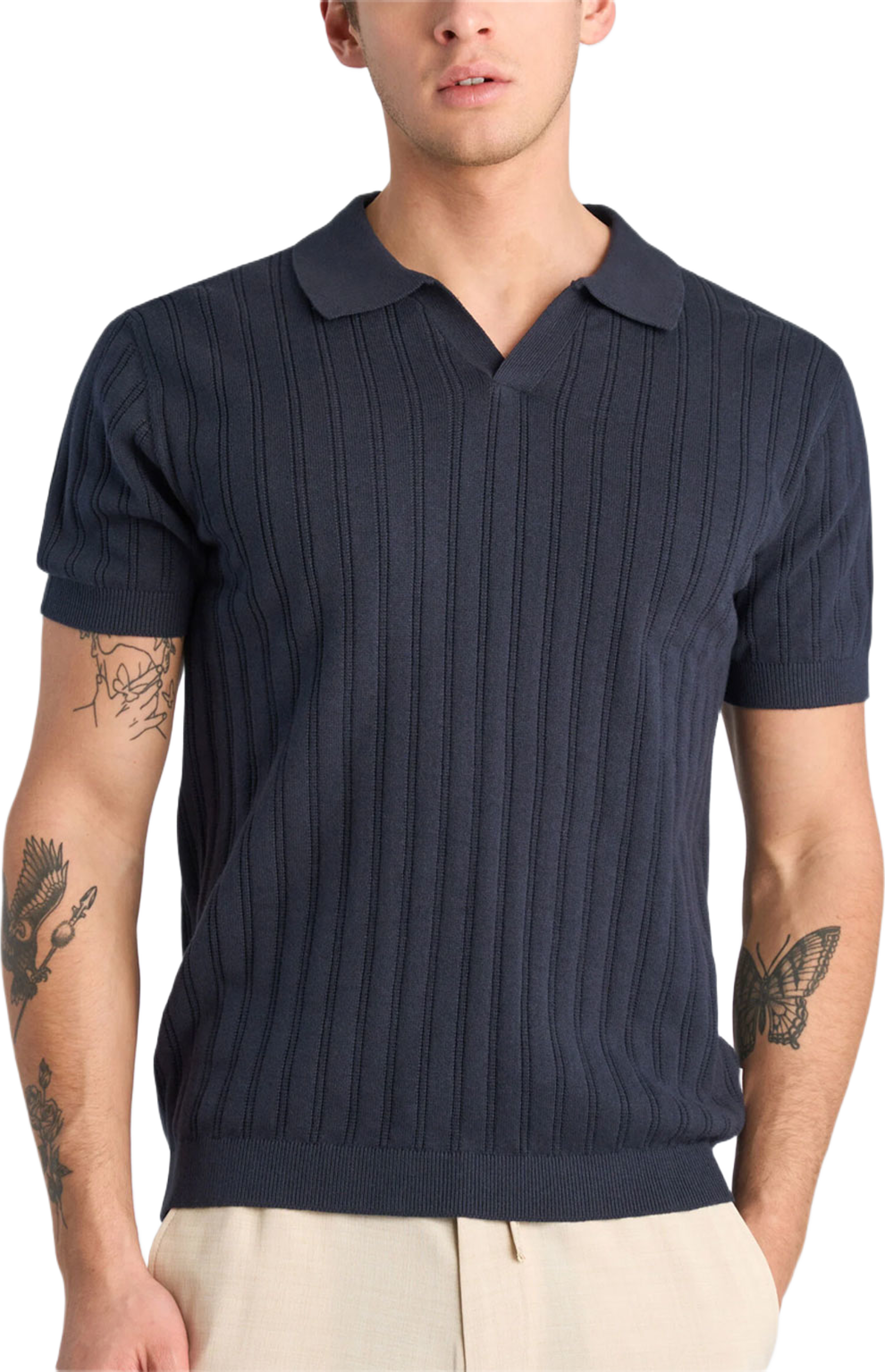 Knitted S/S v-neck Polo, från Lindbergh, i färgen Navy. Klicka för att öppna bilden i stort format