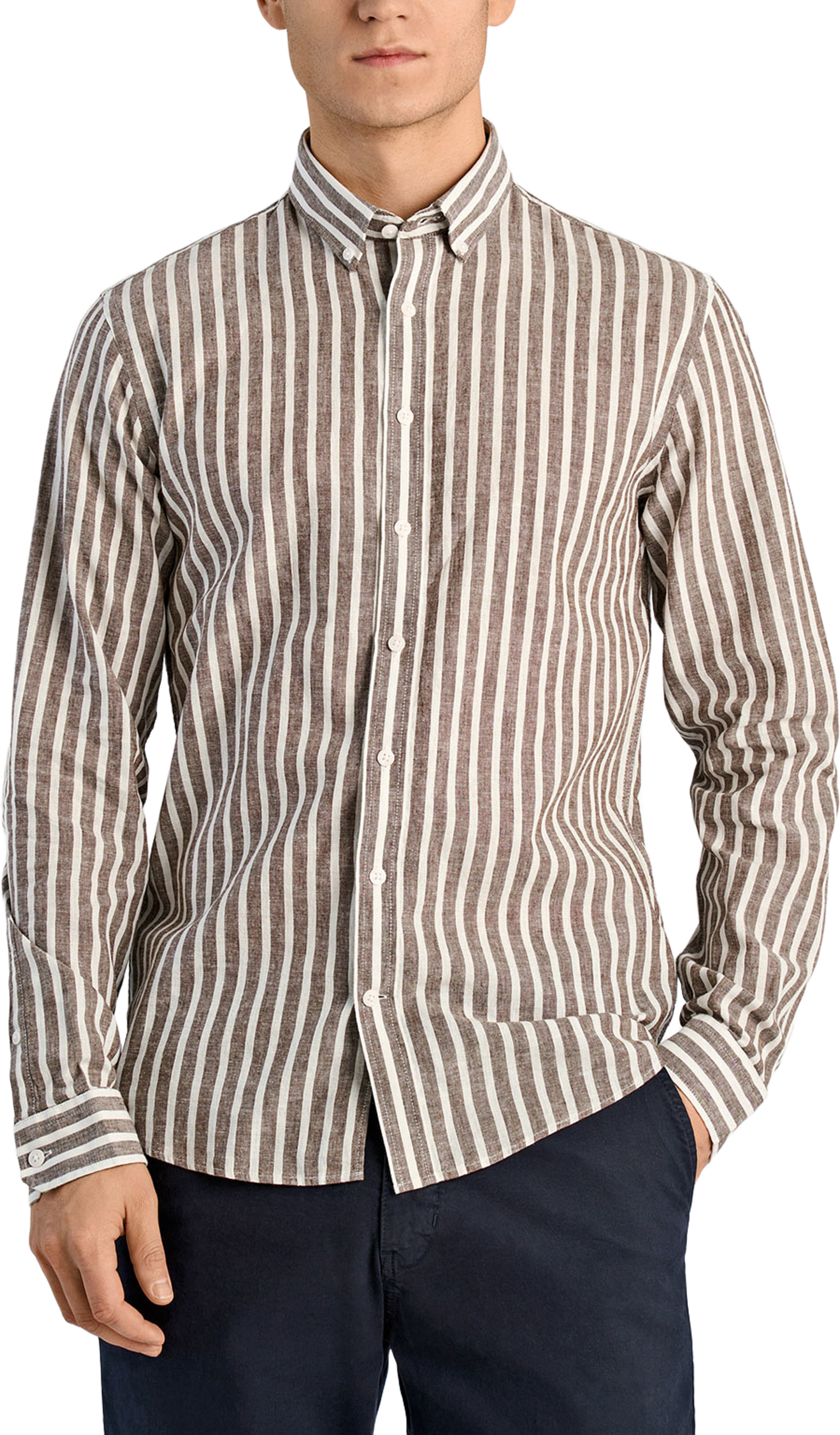 Striped cotton/linen Shirt L/S, från Lindbergh, i färgen Brown. Klicka för att öppna bilden i stort format