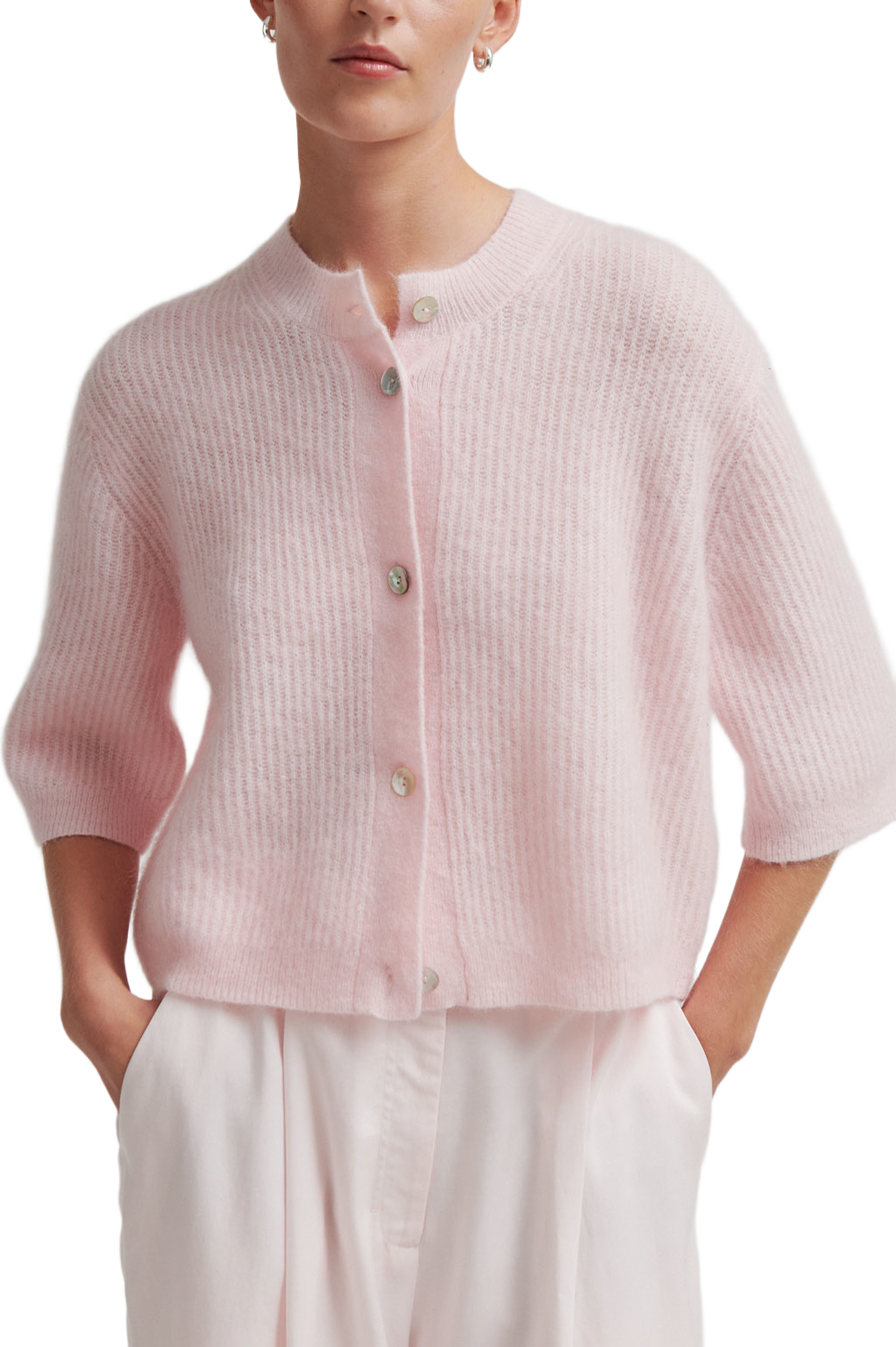 Andrea Knit Rib Cardigan, från Second Female, i färgen Crystal Pink. Klicka för att öppna bilden i stort format