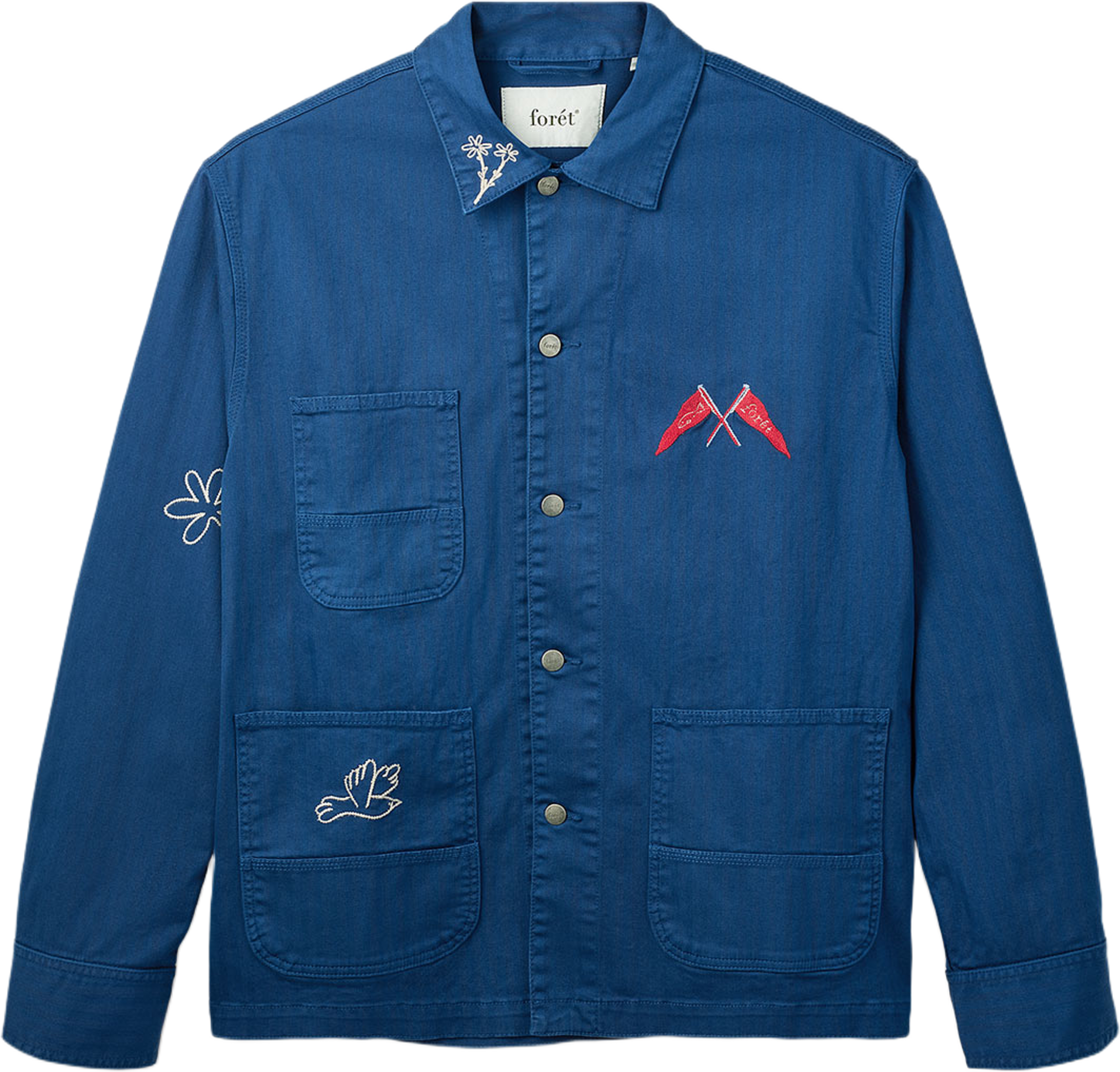 FORAGER EMBROIDERED OVERSHIRT, från Forét, i färgen Heritage Blue. Klicka för att öppna bilden i stort format